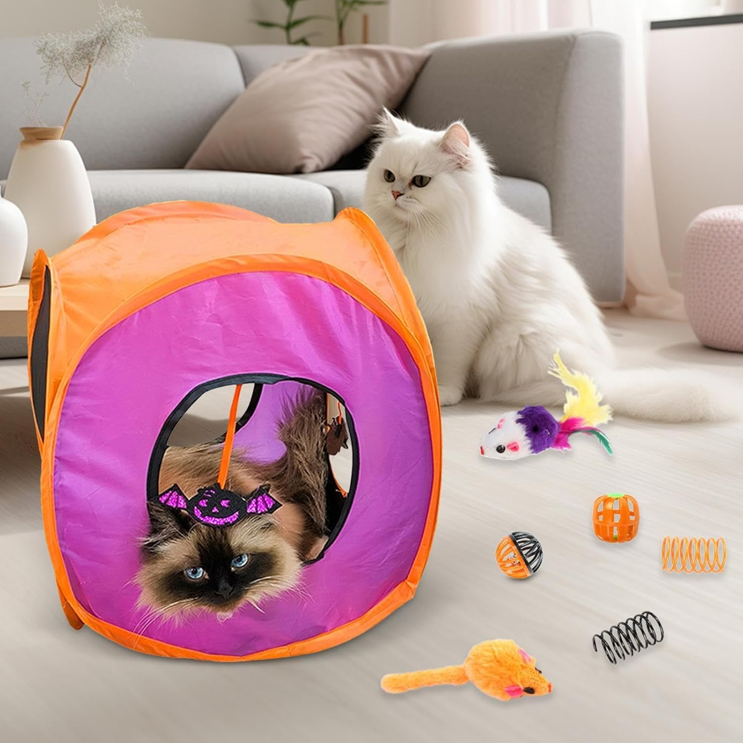 Indoor Cat Toys - Halloween Cat Tunnel Toys Set - Halloween Folding Square Channel Cat Toy Box, Kitten Accessories Cat Feather Wand Ball Toys for Indoor image number 4