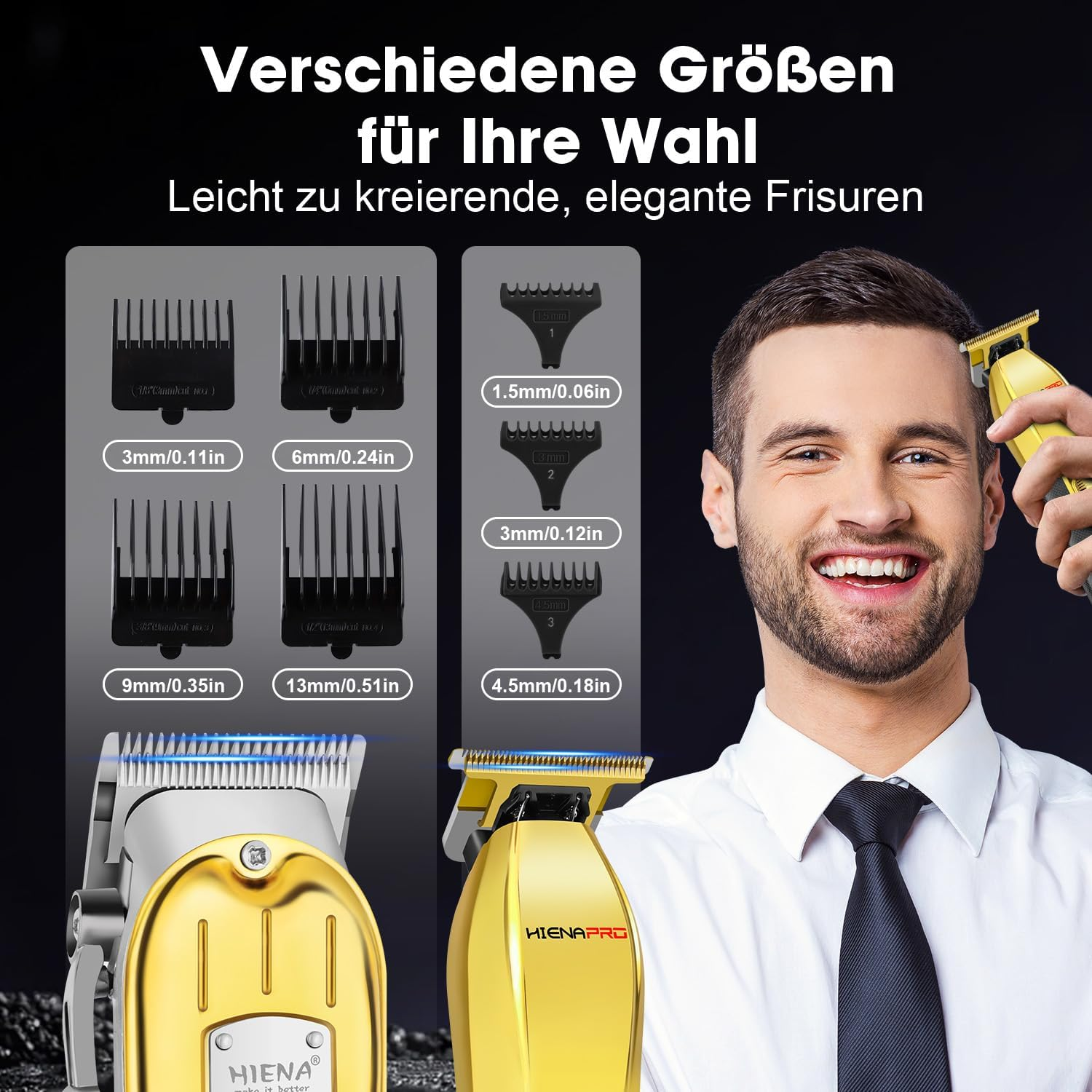 HIENA PRO Hair Trimmer Kit for Men, Hair Trimmer Kit, Beard Trimmer, Battery Hairdresser, Professional Hair Cutting Set, Beard Trimmer (Gold Black) image number 5