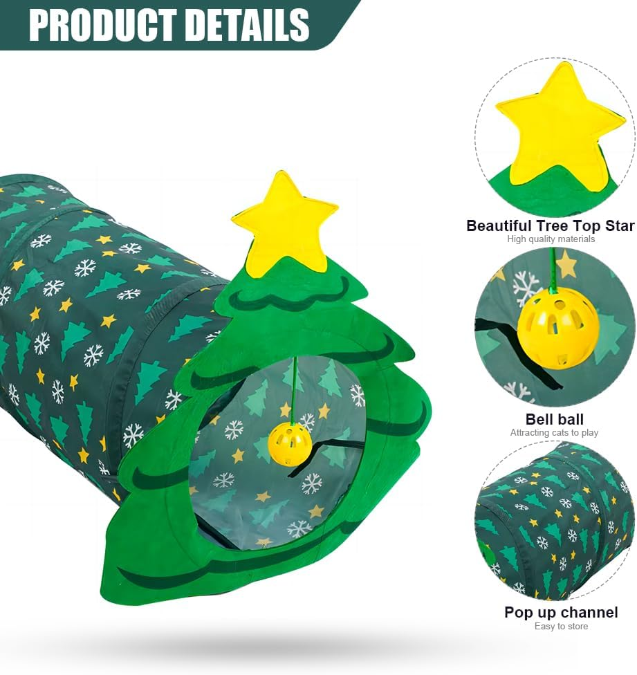Cat Tunnel Tube Toy Christmas Tree Crinkle Interactive Pet Toy Outdoor Dog Play Tunnels with Suspended Ball Collapsible Kitten Exercise Tunnel Cat for Cats Puppy Rabbit Cat Tunnel Toy 25 * 50Cm image number 4
