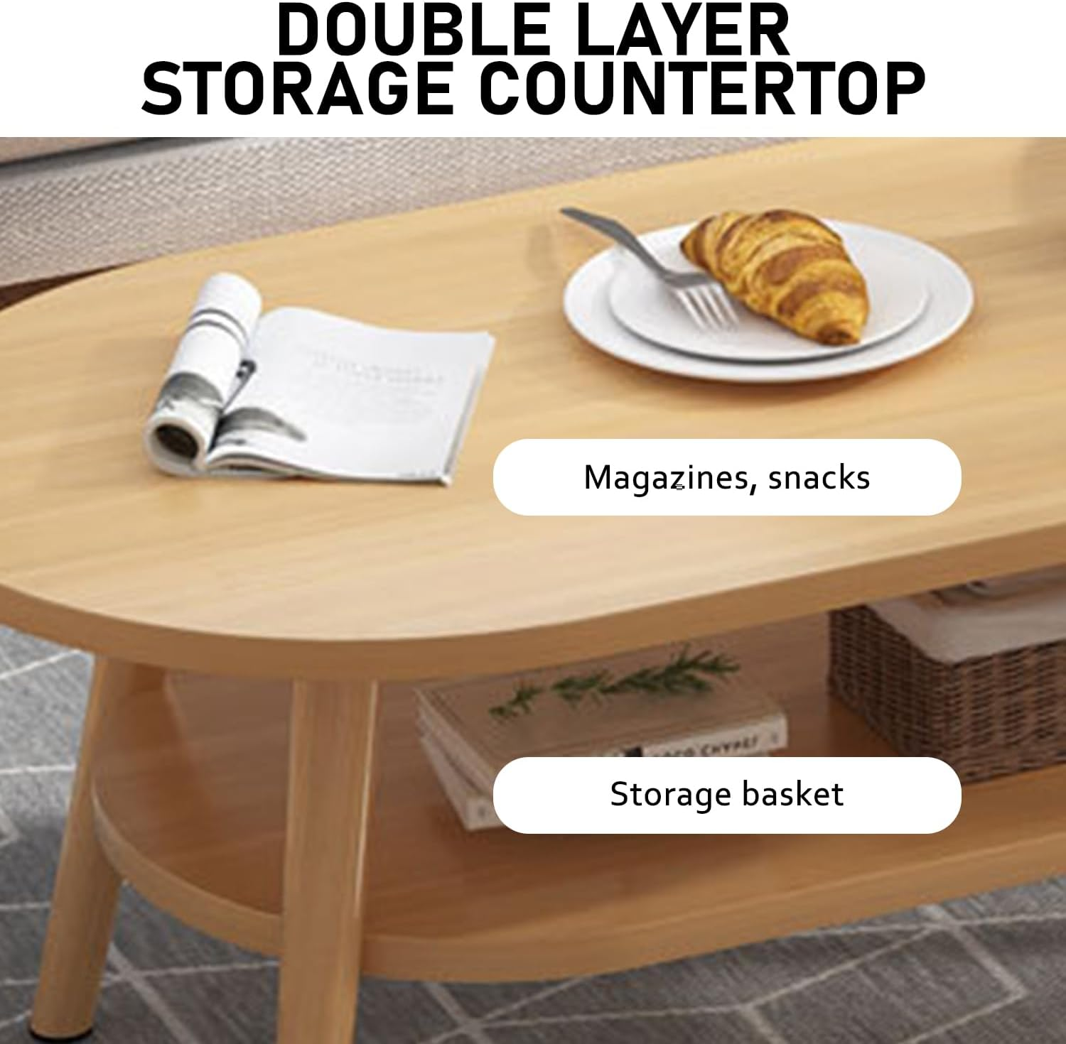 Uandhome Coffee Table-Oval Wood Coffee Table with Open Shelving for Storage and Display 2 Tier Sofa Table, Small Modern Furniture for Living Room&Home (Light Oak) - Light Oak image number 5