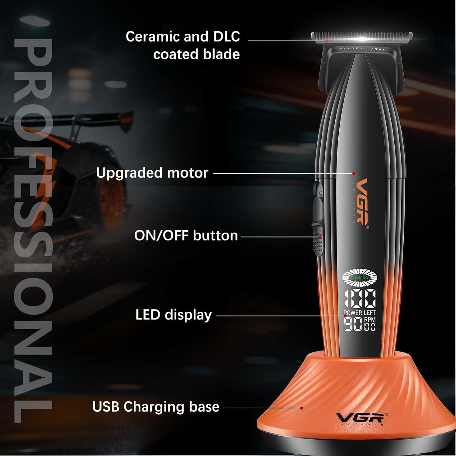 VGR 889T Professional Hair Trimmer for Men, 9000RPM High Speed Cordless Hair Clippers Beard Trimmer with Ceramic & DLC T Blade, Zero Gapped Barber Clippers with USB Charging Base, LED Display image number 5