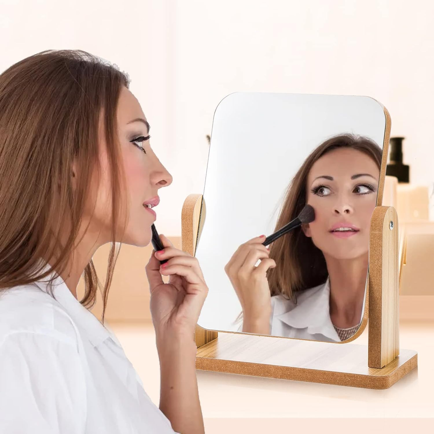 Wooden Vanity Mirror with Stand, Portable Design Wood Table Vanity Makeup Mirrors - Rectangle Wall-Mounted Mirrors Desk Mirrors for Living Room Bedroom (Medium)