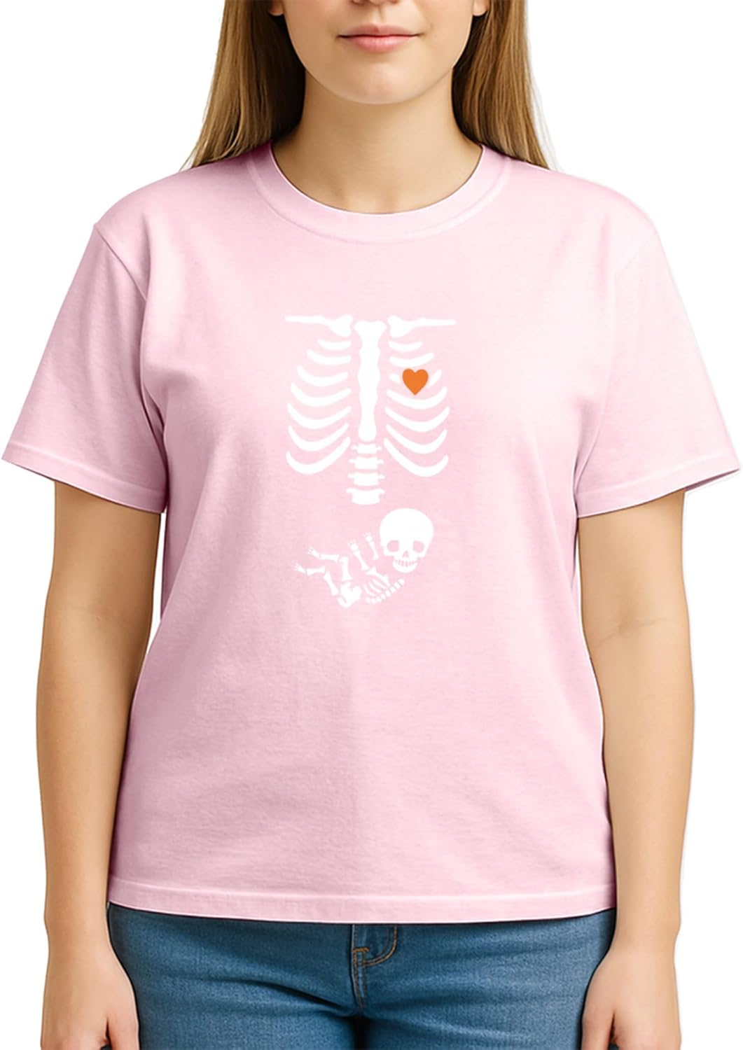 Skeleton Maternity Halloween Pregnancy Reveal Costume T-Shirt for Adults Crew Neck Short Sleeve Tee Shirt image number 4