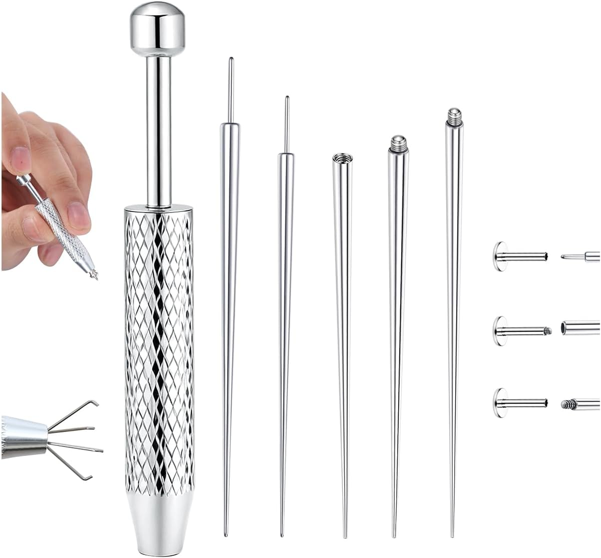 GEMQUEEN Piercing Taper Ball Grabber Tool for Changing Jewelry - 14G 16G 18G 20G Stainless Steel Flat Back Earrings Applicator Tool Threadless Insertion Pin Thread Body Piercing Kit for Ear Nose Lip - 2 Pcs Ball Grabber Tool image number 2