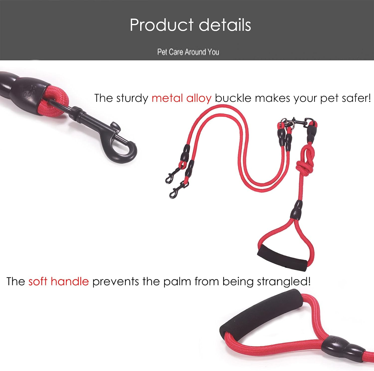 Dog Double Leads Nylon Dog Lead Splitter No Tangle Dual Leash Coupler Lead Two Dogs 1 Pcs (80 Cm + 70 Cm) No Tangle 360&deg; Swivel Rotation Dual Strong Lead for 2 Dogs for Dag Walking and Training image number 5