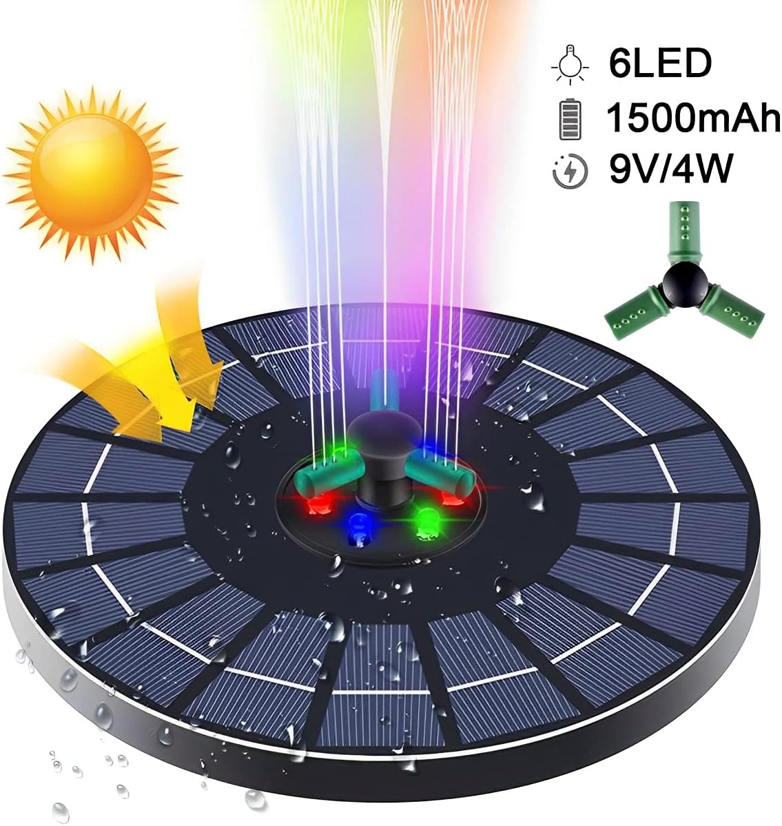 Floating Solar Fountain Pump Solar Bird Bath Fountain Pump Colorful Light Landscape Fish Pool Fountain Rotating Nozzle Large Capacity Battery Solar Fountain with 6 LED Lights image number 2