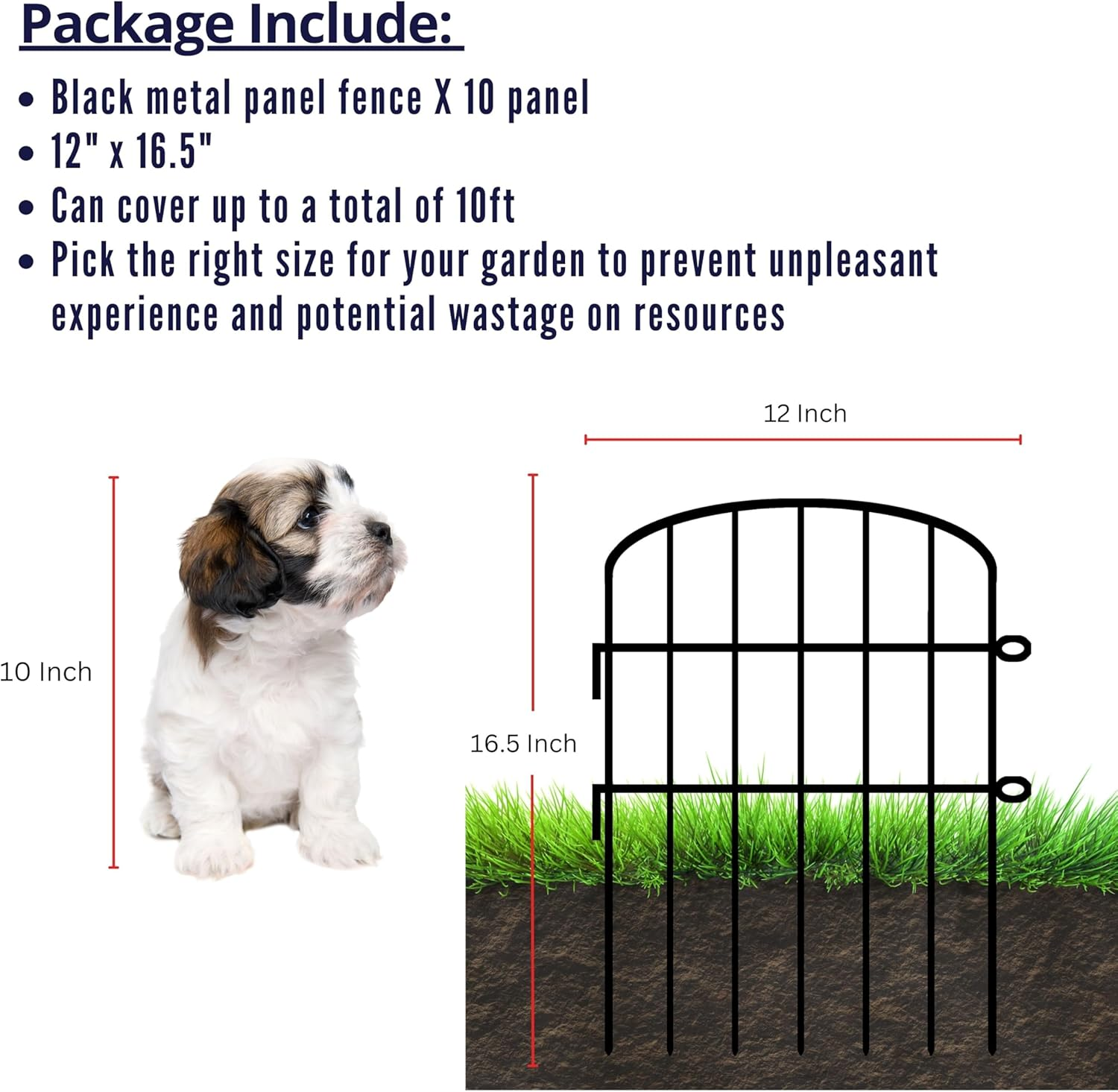Shoplala Garden Fence (10 Panels) 12In(L) X 16.5In(H) Animal Barrier Fencing Rustproof Metal Wire Flower Edging for Landscape Patio Outdoor Decor, Tall Large Yard Fences for Dog No Dig Black D-K16.5 image number 1
