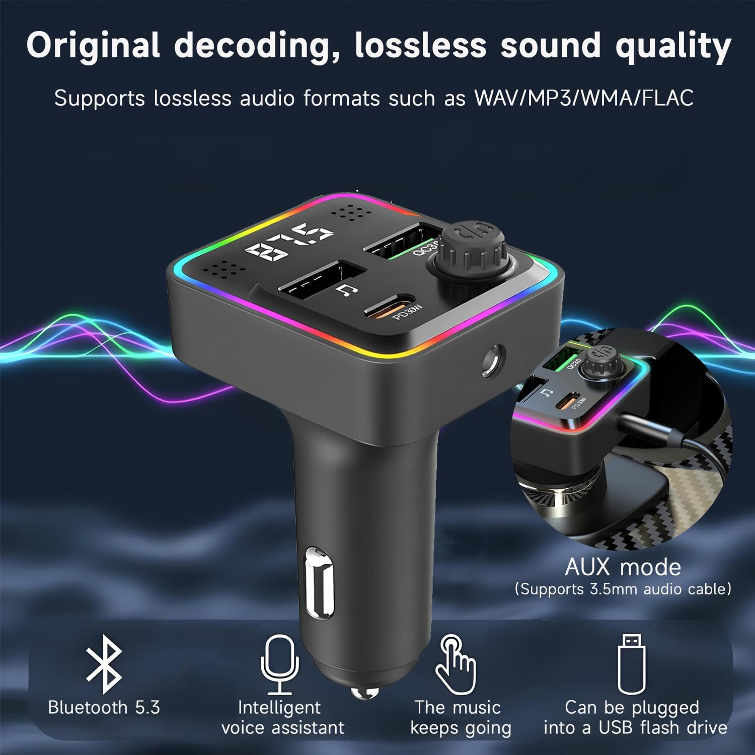 QUMOX Bluetooth 5.3 FM Transmitter Car Charger, PD30W USB-C + QC3.0 Fast Charging, 7-Color Ambient Light, Hands-Free Calling, Dual USB Ports, Universal 12-24V Car Compatibility image number 5