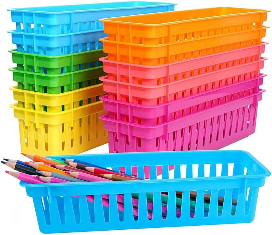 Veumoie 12 Pack Pencil Organizer Basket Trays, Rainbow Colors Desk Storage for Kids, Classroom Supply Holders for School image number 1