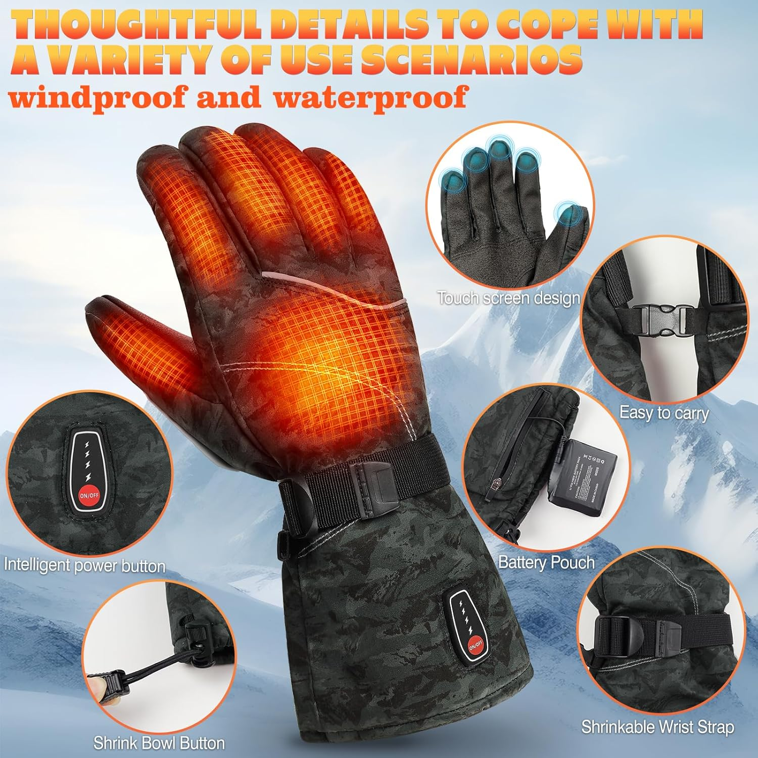 Wndy'S Dream Heated Gloves for Men Women 7.4V 3200Mah Battery Rechargeable Heated Ski Gloves Touchscreen Waterproof Electric Heated Fishing Gloves for Winter Outdoor Work Skiing Hiking image number 3