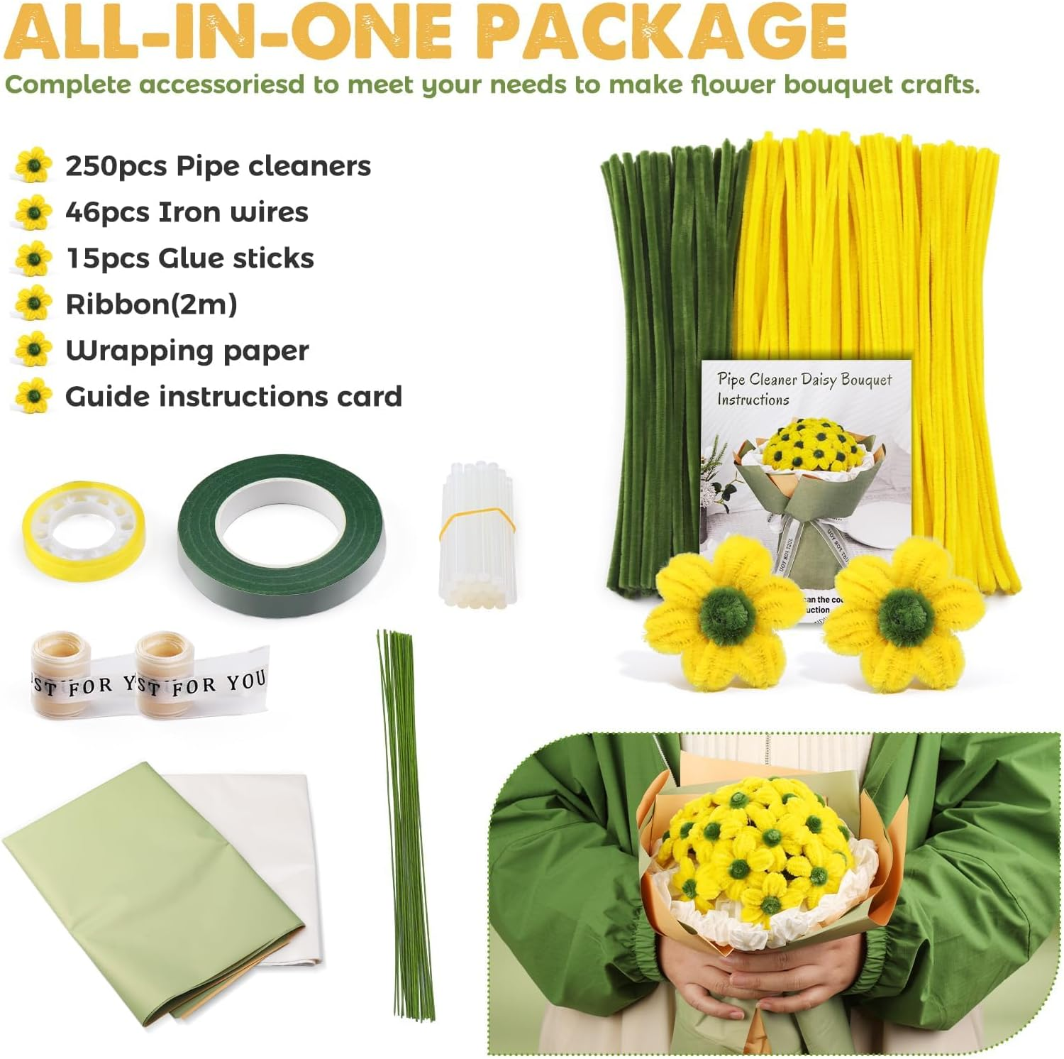 Pipe Cleaners Craft, Pipe Cleaners Craft Supplies 250PCS, Little Daisies Flower Making Kit with Instructions for Adults DIY Arts Crafts Wedding Bouquet Party image number 5