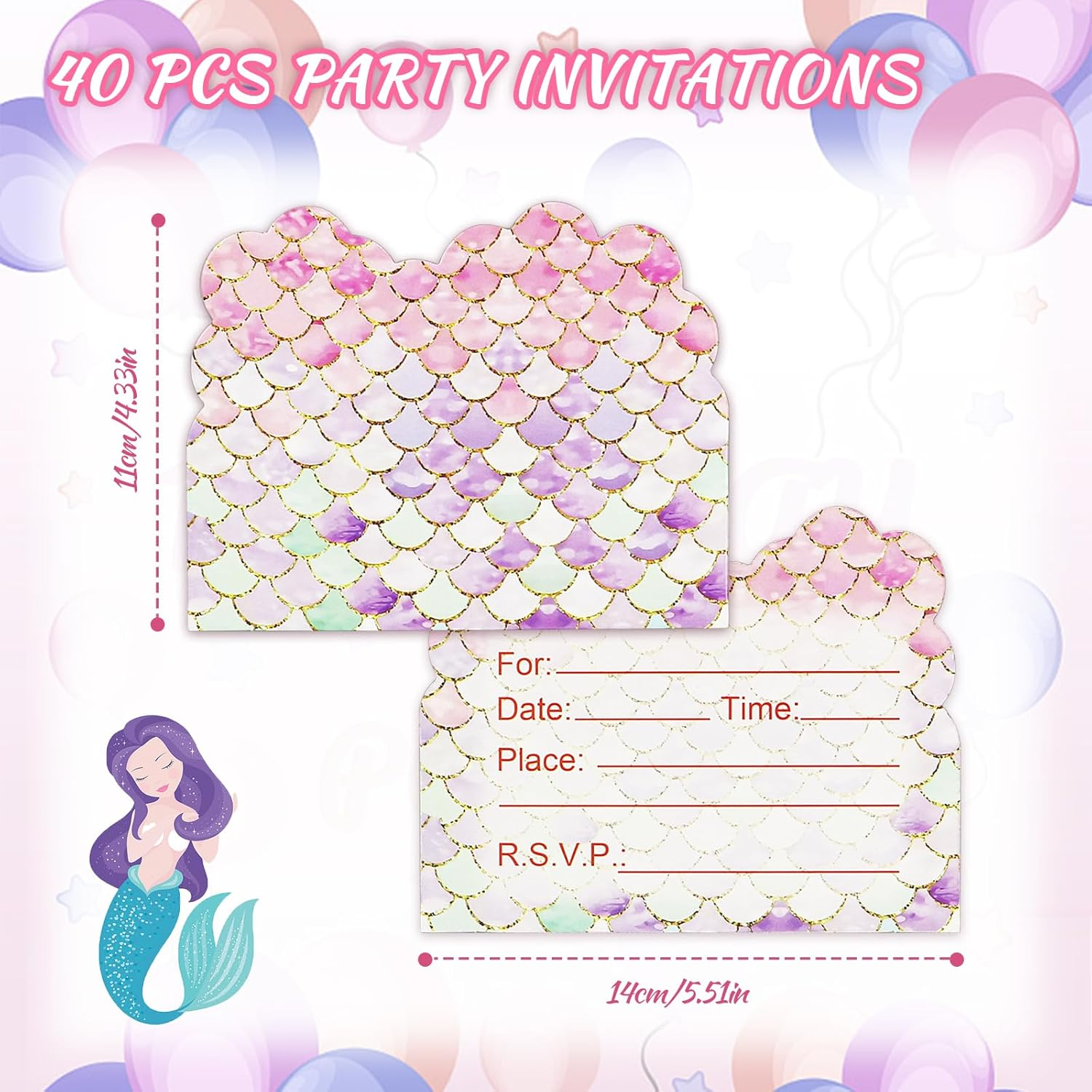 40Pcs Birthday Invitations for Girls, Lovely Mermaid Themed Party Invitations Cards, Kids Party Invitations for Girls Double-Sided Printed (Pink) image number 5