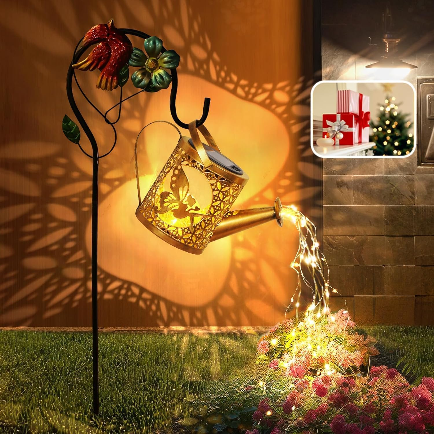 Solar Lights Outdoor Garden Decor Solar Watering Can with Crackle Glass Lights Waterproof Metal Hanging Fairy Lantern for Patio Lawn Yard outside Decorations- Unique Gift Ideas for Gardening image number 6