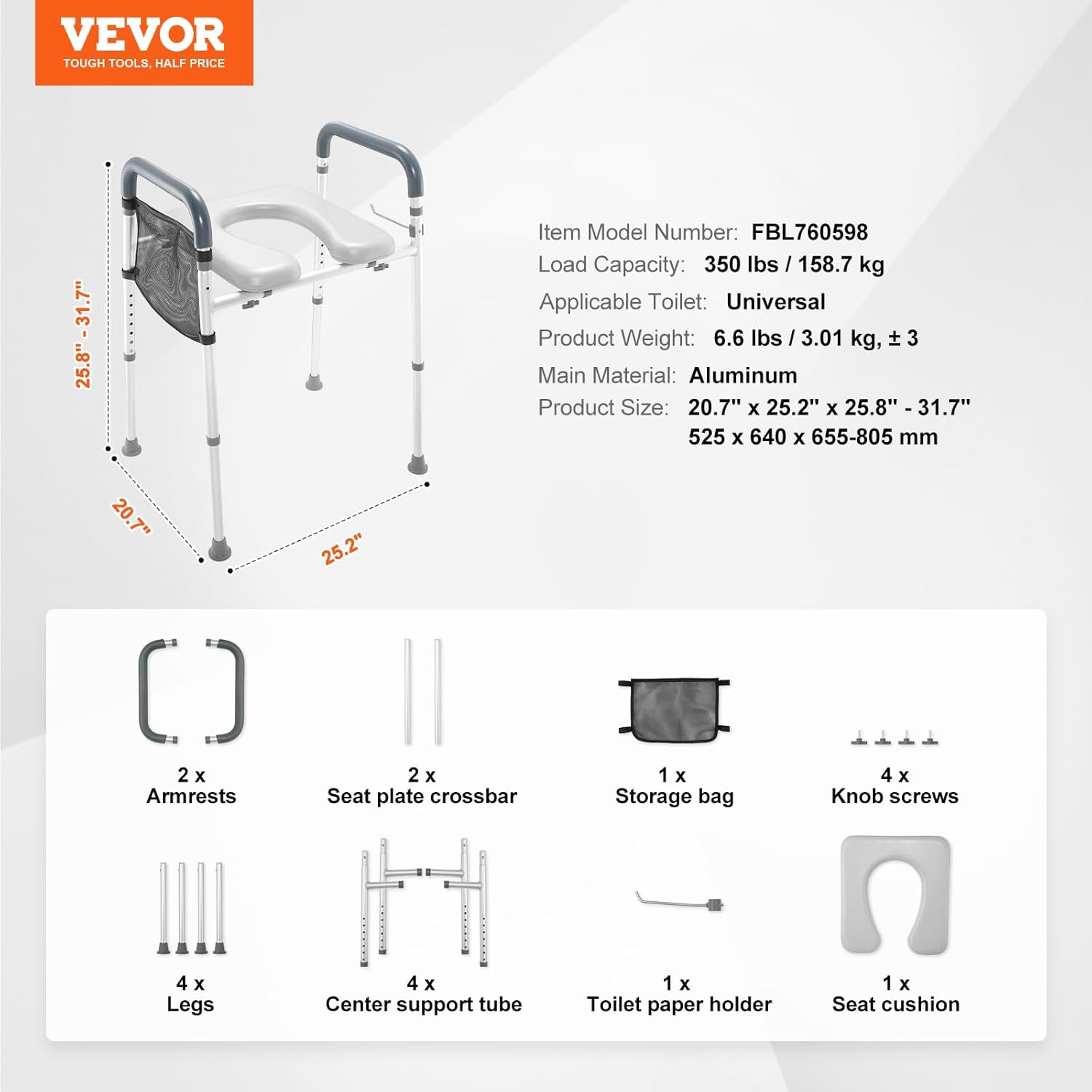 VEVOR Raised Toilet Seat, 7-Position Height Adjustment 655-805 Mm, 158.7 Kg Weight Capacity, with Comfort Padded Aluminum Frame, Universal Toilet Seat Riser, for Elderly, Handicap, Pregnant, Medical image number 4