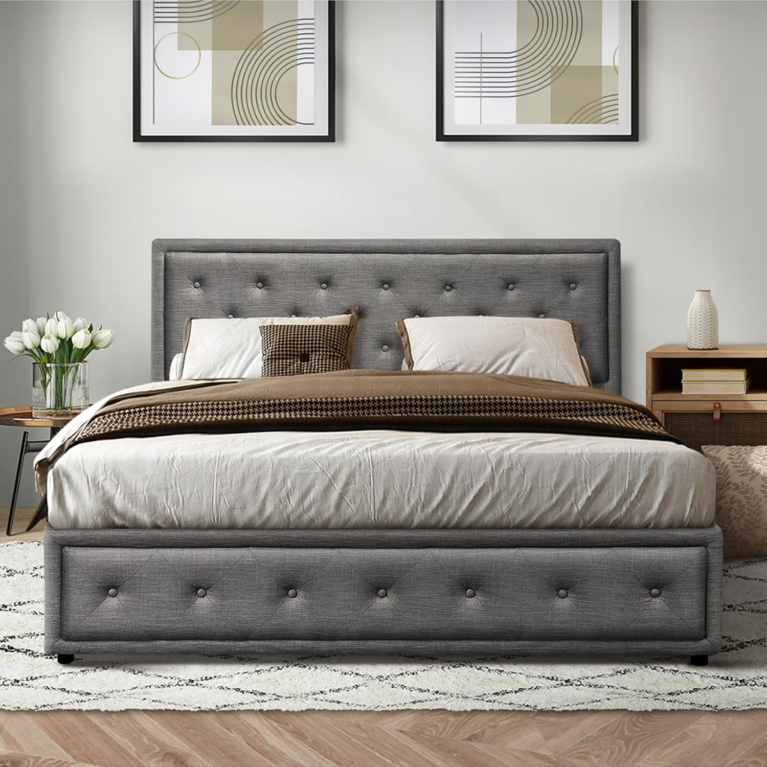 Oikiture Queen Bed Frame with Storage Space Gas Lift Bed Mattress Base Grey image number 2