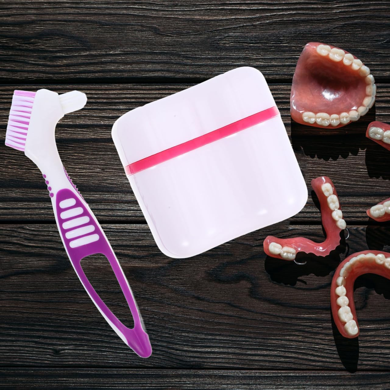 Retainer Storage Box with Denture Cleaning Brush, Portable Retainer Cleaning Kit Integrated Toothbrush Travel-Friendly Bath Cup for False Teeth Care and Storage image number 1