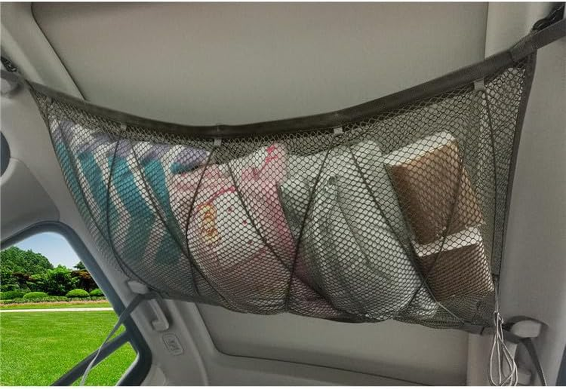 90X65Cm Mesh Car Ceiling Cargo Net Double-Layer Car Organizer Pocket Adjustable Mesh Storage Bag Long Road Trip SUV Car Ceiling Storage Net Camping Cargo Net for Tent Putting Quilt Towel Sundries (KA) image number 4