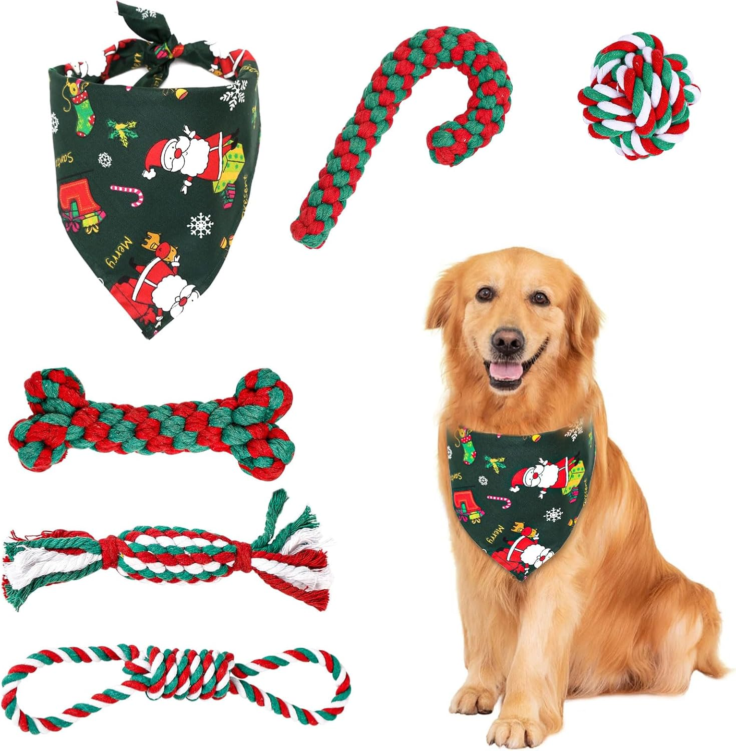 Pack of 6 Dog Toys Christmas, Gift Christmas Includes 5 Dog Toys Rope Natural Cotton & 1 Green Dog Bandana, Dog Chew Toy Christmas Dog Toy Candy Cane