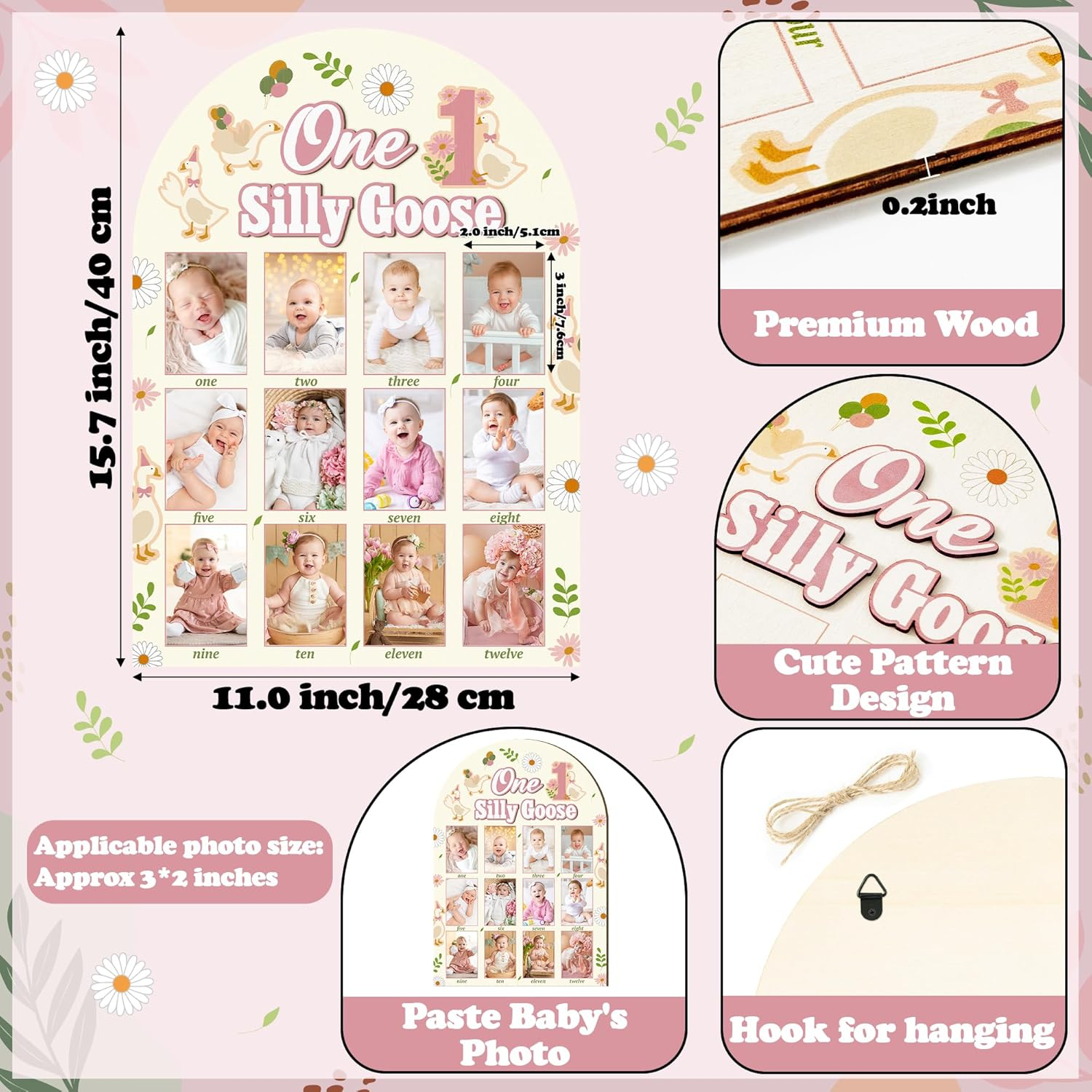 R HORSE My First Year Photo Frame Board, 3D One Silly Goose Birthday Decorations Display Wood Board, Baby First Year Picture Frame 12 Months Milestone 1St Birthday Nursery Decor Gift for Boy Girl image number 2