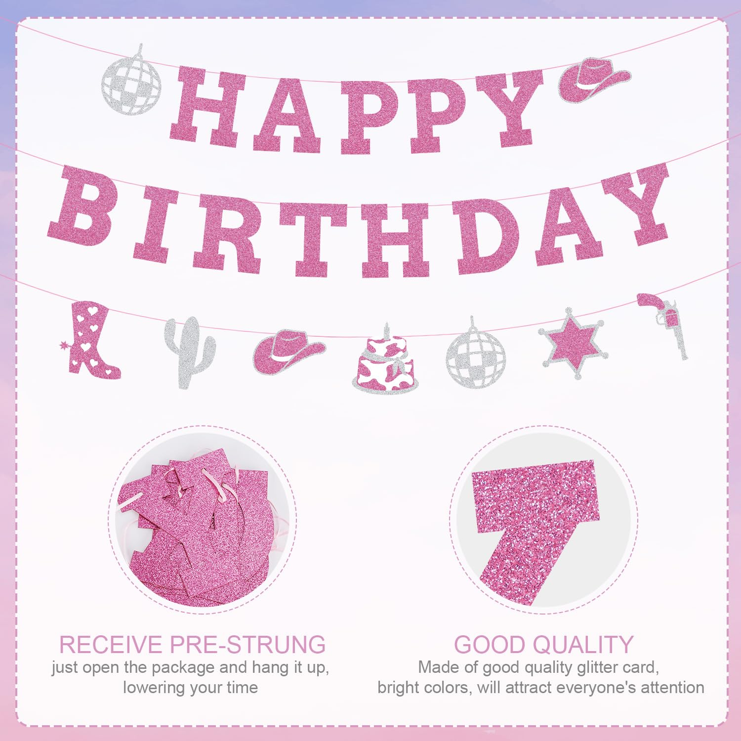 Western Cowgirl Happy Birthday Banner, Glitter Cowgirl Birthday Banner Disco Cowgirl Happy Birthday Banner Easy to Use Perfect Birthday Celebration Decorations image number 6