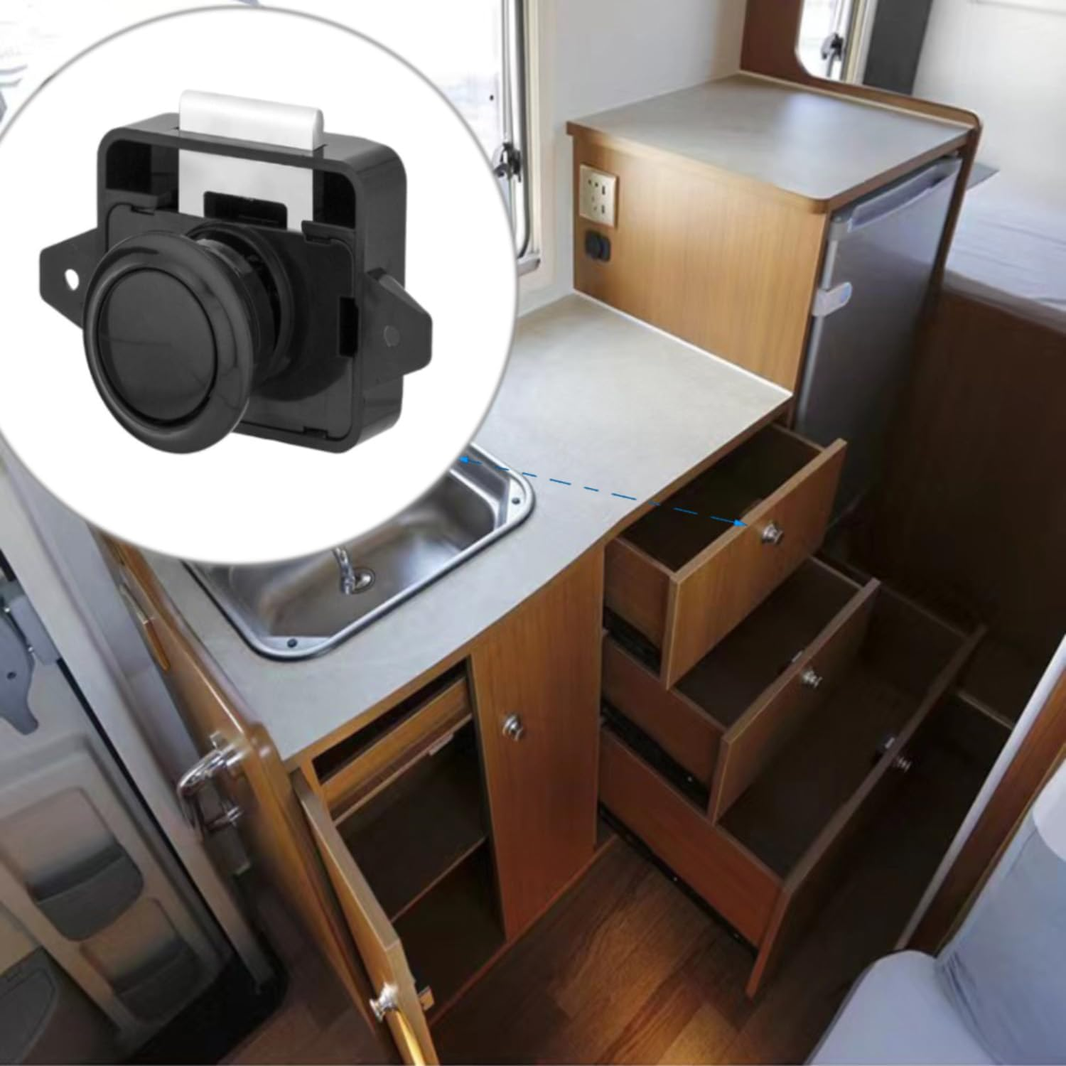 RV Cabinet Locks, ABS Push Button Cabinet Latch for RV Motorhome Camper Truck Caravan Van Yacht Boat Marine, Camper Cupboard Knob RV Cabinet Latches (5PC Black), MST02