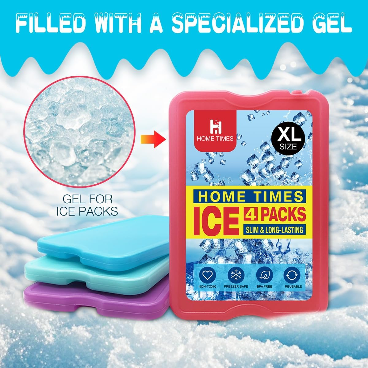 Home Times 4 Pack Slim Thin Reusable Ice Packs for Lunch Boxes, Coolers & Camping - Quick Freeze, Long Lasting Space Saving Freezer Packs, Multifunction Cooler Ice Brick（Built-In Gel） image number 4