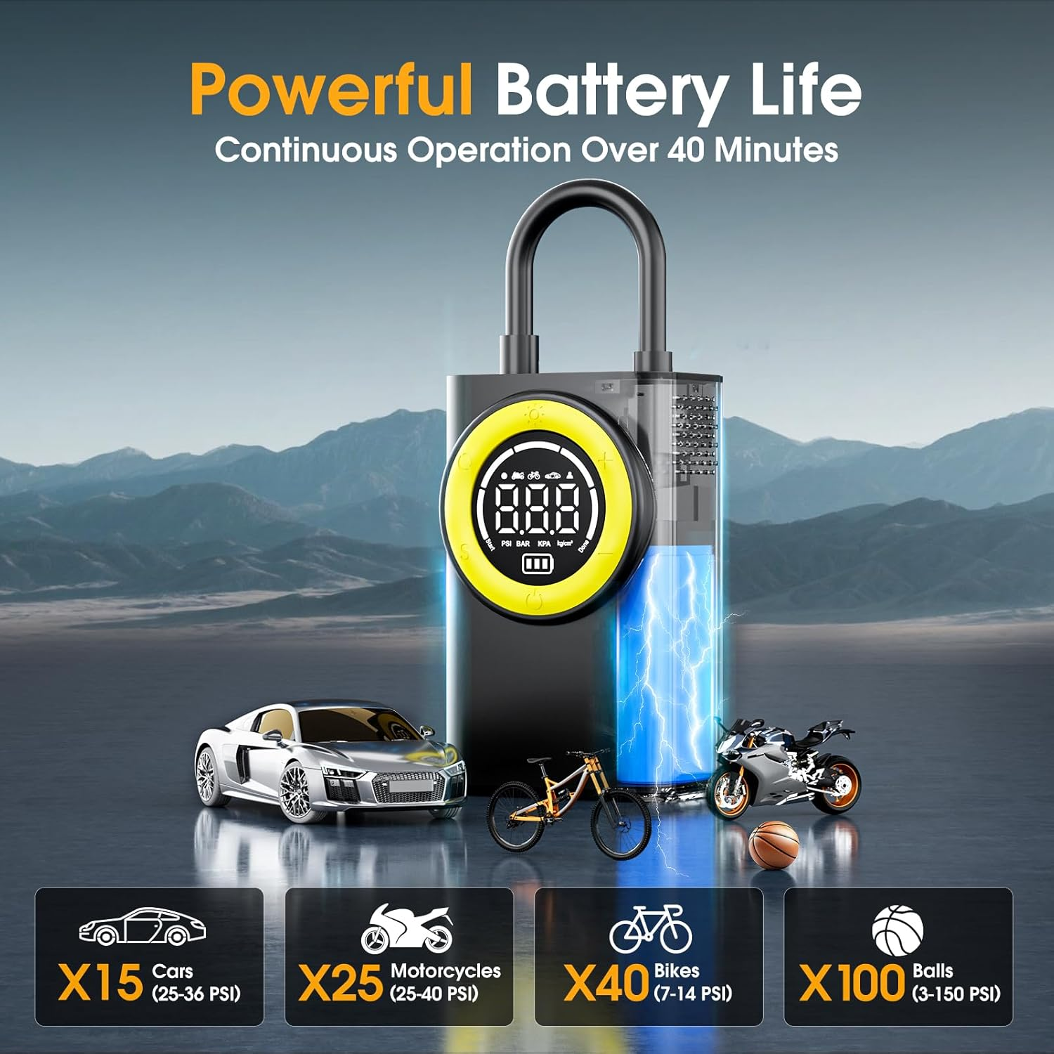 Tire Inflator Portable Air Compressor - 5X Faster 150 PSI Cordless Air Pump for Car Tires with Digital Pressure Gauge & Auto Shutoff, Emergency LED Light for Motorcycle/Bike/Ball image number 1