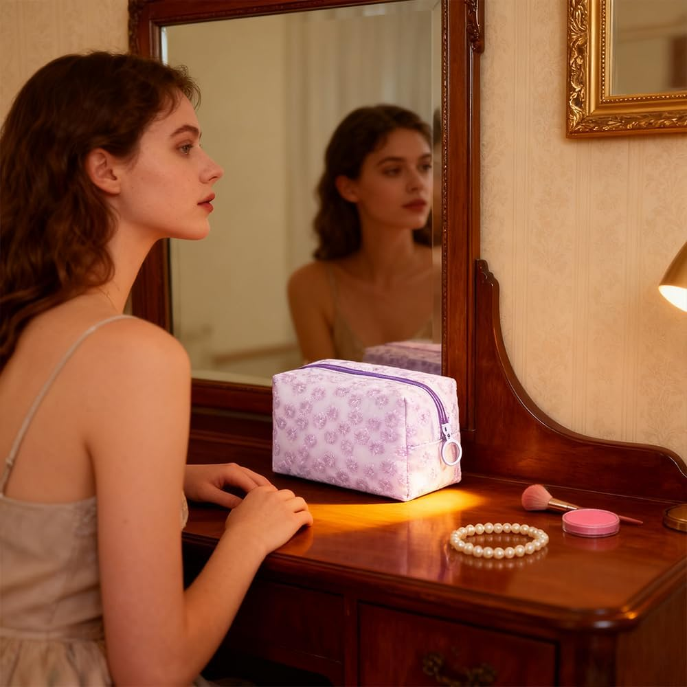 MSLSOZ Flower Embroidered Plastic Makeup Bag, Semi Transparent Makeup Bags with Design, Waterproof Small Makeup Bag for Handbag, Women'S Beauty Bag, for Daily Use, Travel or as a Gift (Purple). image number 1