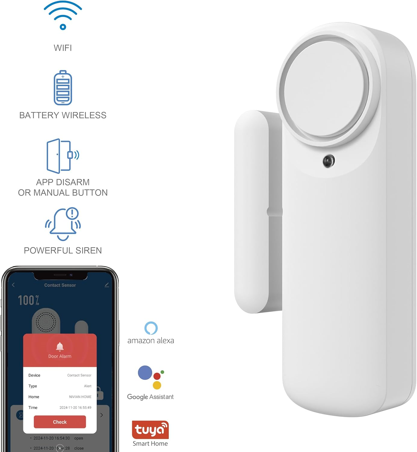 Nivian Smart Wifi Door Alarm Magnetic Door Sensor Wireless with Mobile App Real-Time Notifications Manual Button Siren 100Db image number 1