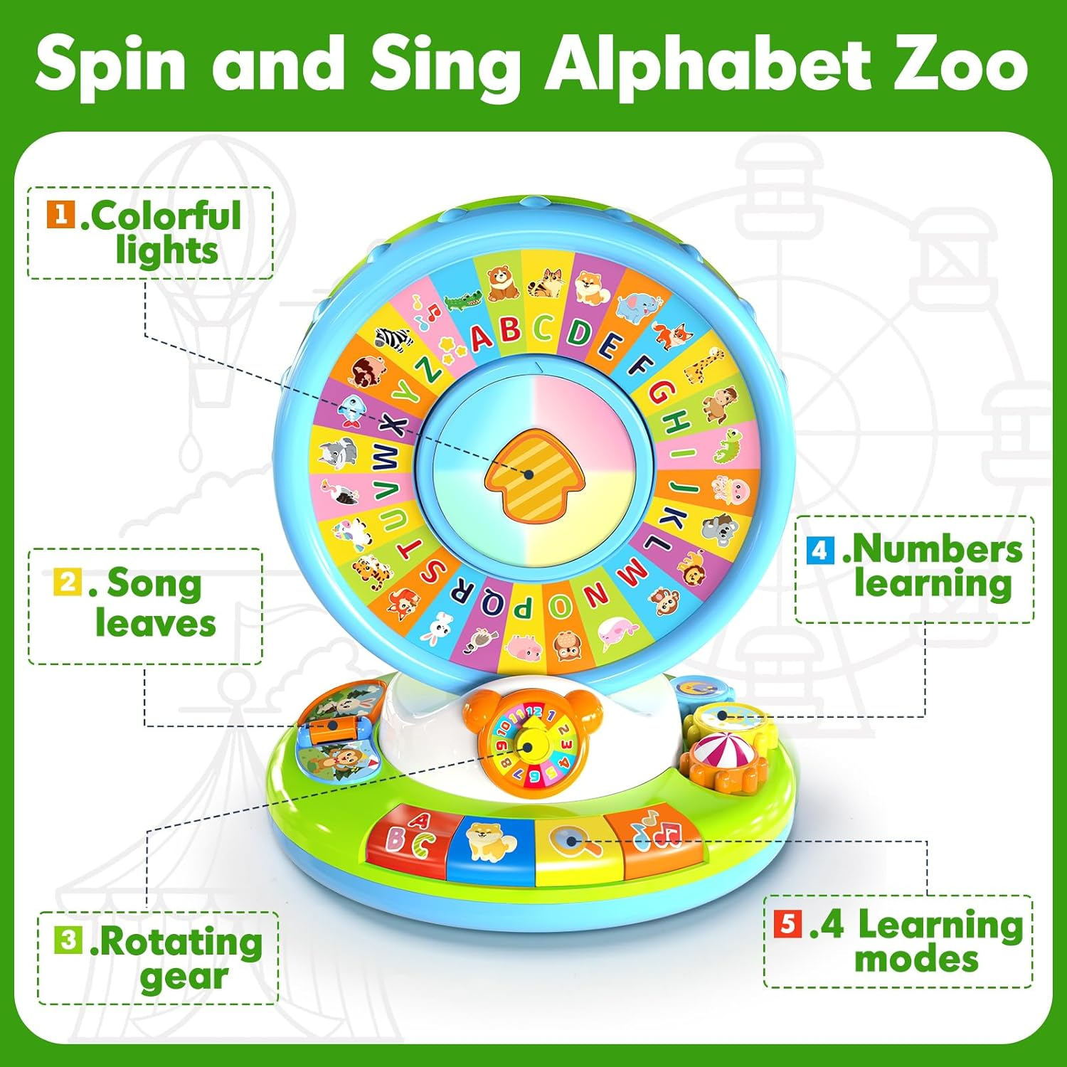 Toys for 1 2 3 Year Old Boy Girl, Musical Spin and Sing Alphabet Zoo, Learning Toys for Toddlers 1-3, Educational Interactive Toys, Christmas Birthday Baby Boys Girls Age 6-9-12-18 Months image number 4