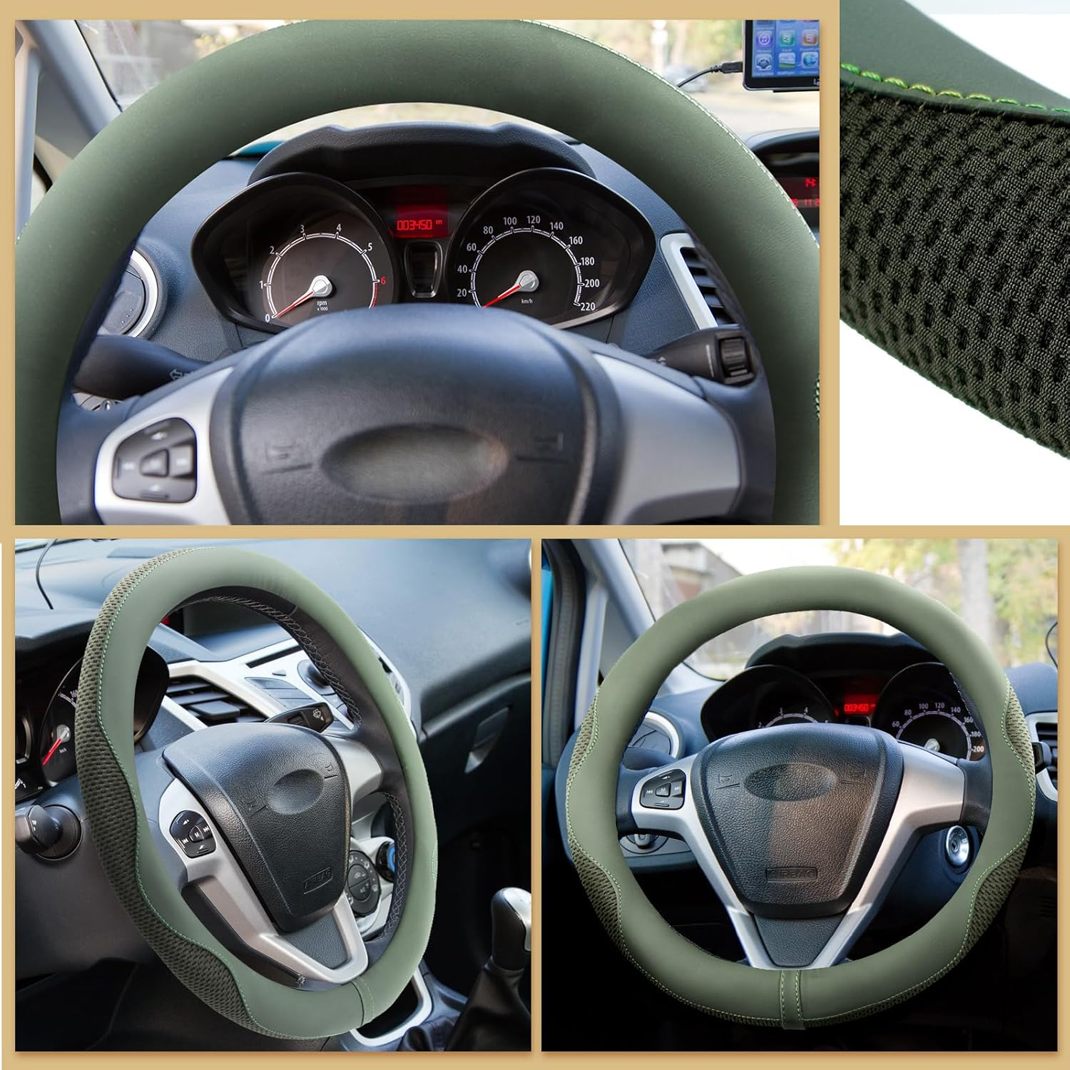 BBTO 4 Car Accessory Set, Steering Wheel Cover, Ceramic Coasters, Daisy Flower Clip Air Freshener, Crystal Hanging Ornament for Women(Sage Green) image number 1