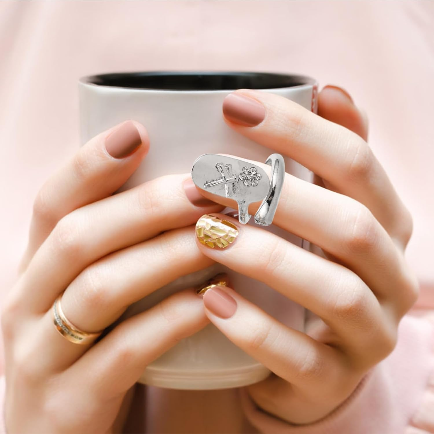 VICASKY 2Pcs Fingernail Rings for Women Nail Art Rhinestone Nail Decorations Opening Fashionable Fingertip Jewelry image number 6