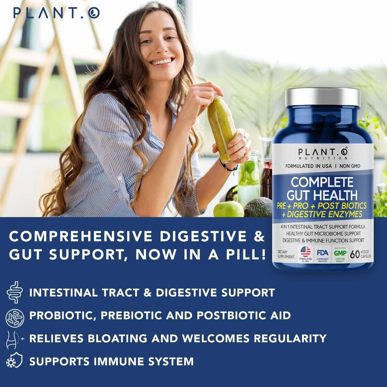 4-In-1 Prebiotic Probiotic & Postbiotic for Women & Men, Complete Gut & Digestive Support Supplement, Pre Post Probiotics & Digestive Enzymes 60 Veggie Caps Capsules image number 6