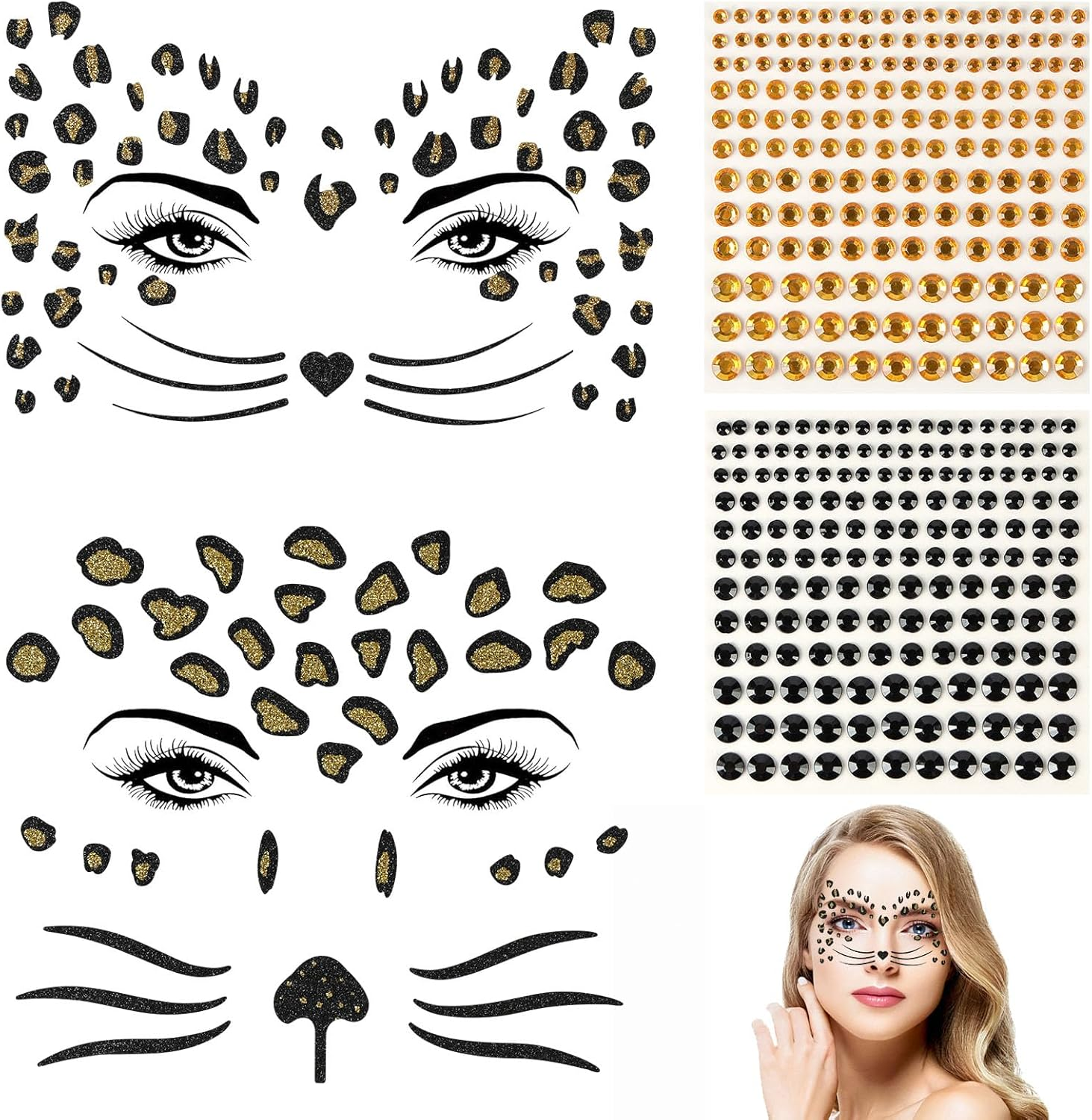 LOPHE Face Tattoo, 2 Sheets Glitter Face Tattoo Leopard 330 Pieces Glitter Stones Self-Adhesive, Glitter Face Tattoo Glitter Sticker Party Halloween Carnival