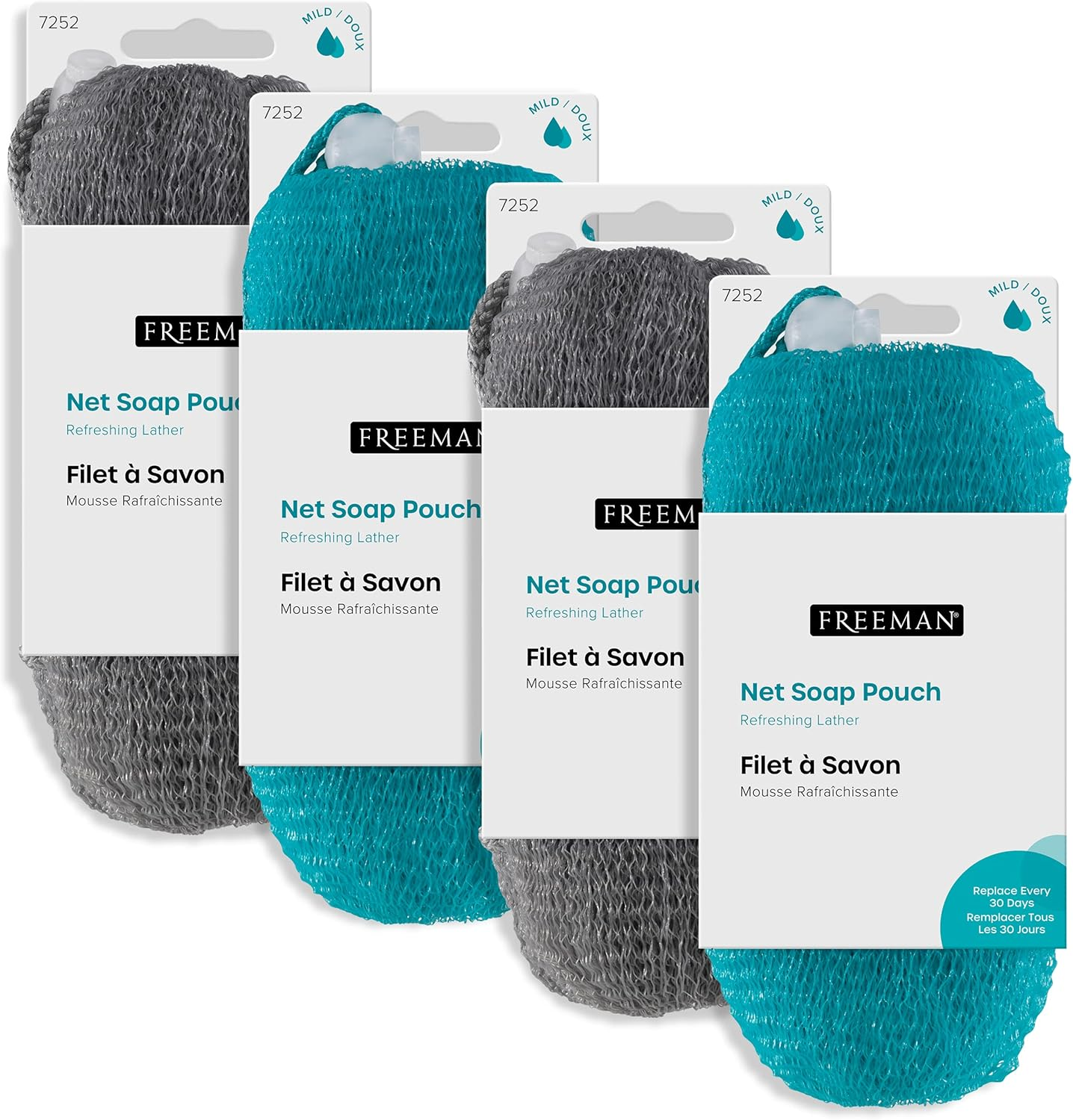 Freeman Net Soap Pouch, Exfoliating Mesh Body Scrubber, Bath & Shower Pouf Removes Dead Skin, Dirt, & Impurities, for Soap Bars, Textured Netting for Mild Exfoliation, Self-Tan Prep, 4 Count image number 3