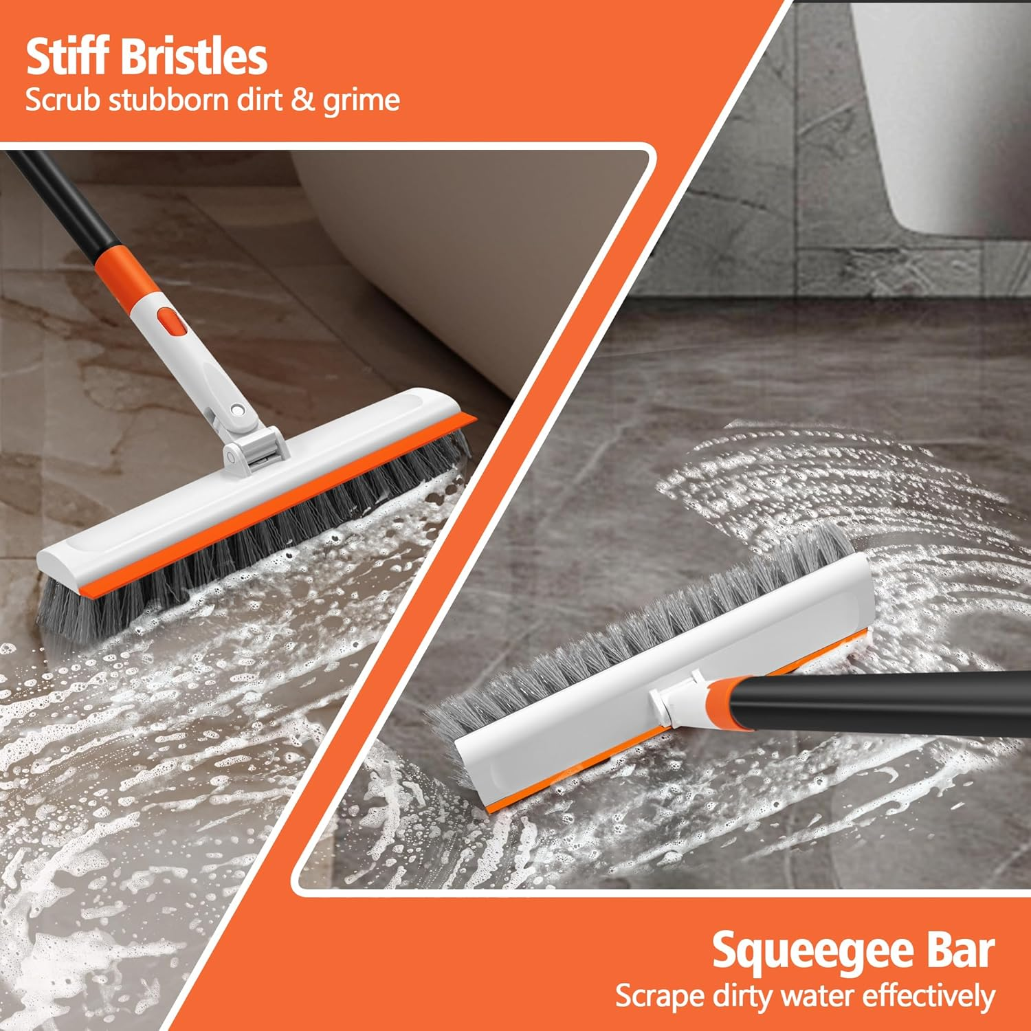 NEWE Floor Scrub Brush with Long Handle, 2 in 1 Stiff Bristles Scrubber Mop with Squeegee for Cleaning Deck Tile Tub Garage Patio Wall Sink Bathroom Kitchen image number 1