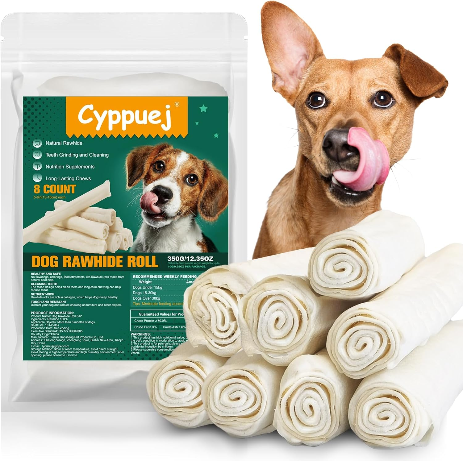 Dog Rawhide Rolls,Long Lasting Dog Rawhide Free Chews for Aggressive Chewers,5-6 Inch Single Ingredient Dog Rawhide Bones for Midium Large Dogs (8 Count (Pack of 1))