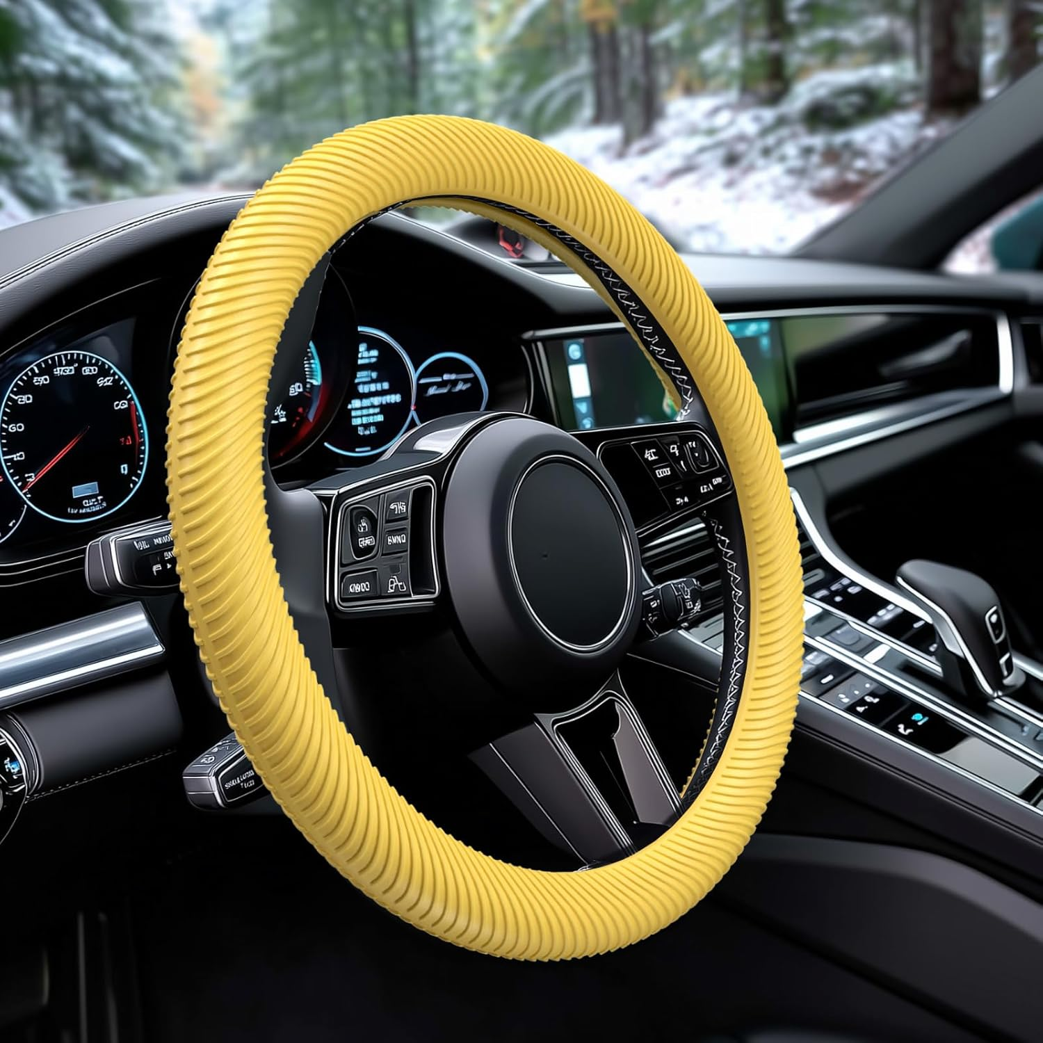WOCOCN Car Steering Wheel Cover, Thin Anti-Skid Silicone Steering Wheel Cover for Men & Women, Universal Automotive Interior Accessories for Most Cars (Bright Yellow) image number 5