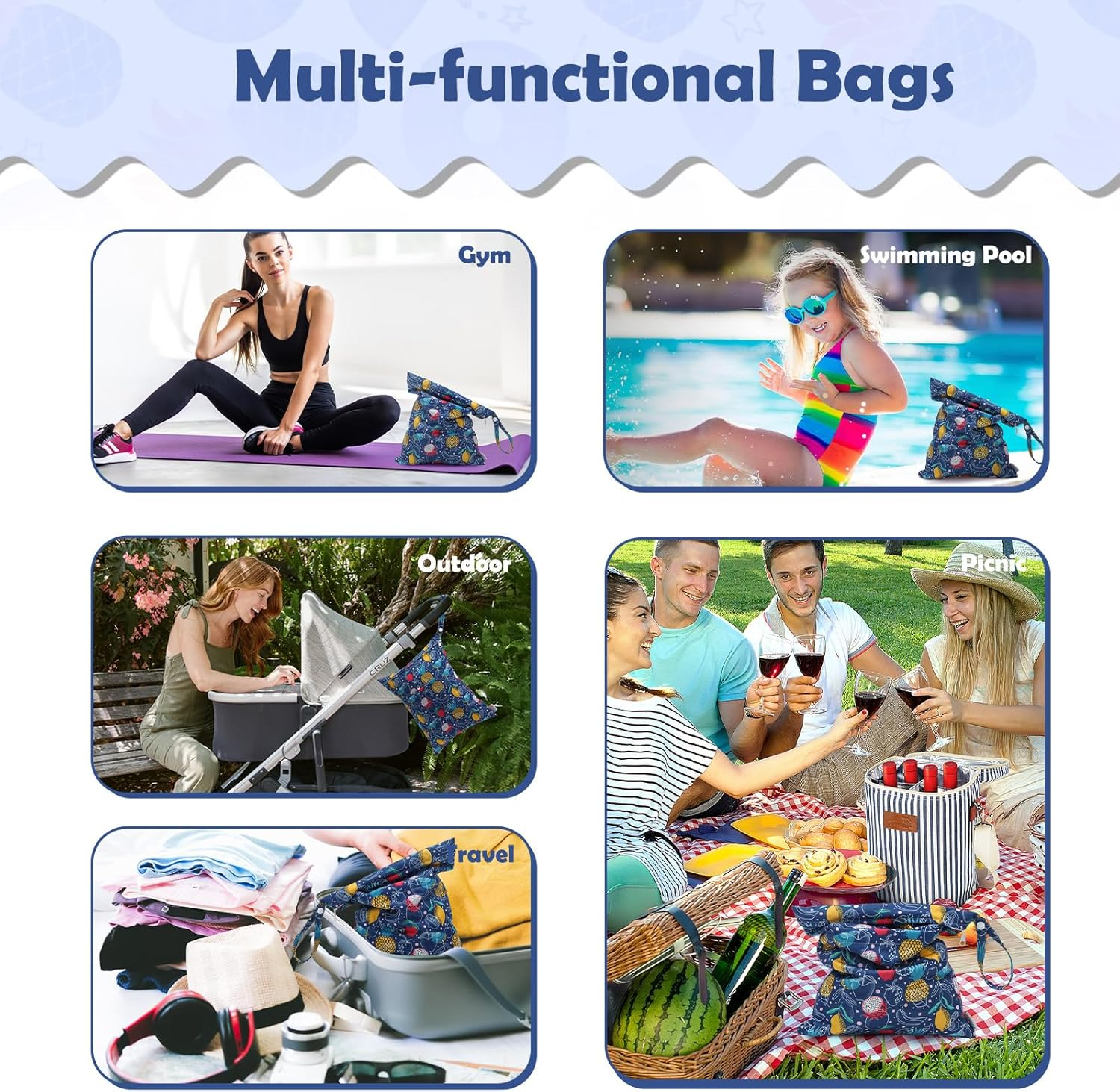 ALVABABY 3Pcs Cloth Diaper Wet Dry Bags Waterproof Reusable with Two Zippered Pockets Travel Beach Pool Daycare Soiled Baby Items Yoga Gym Bag for Swimsuits or Wet Clothes 3L-ZM20A image number 2