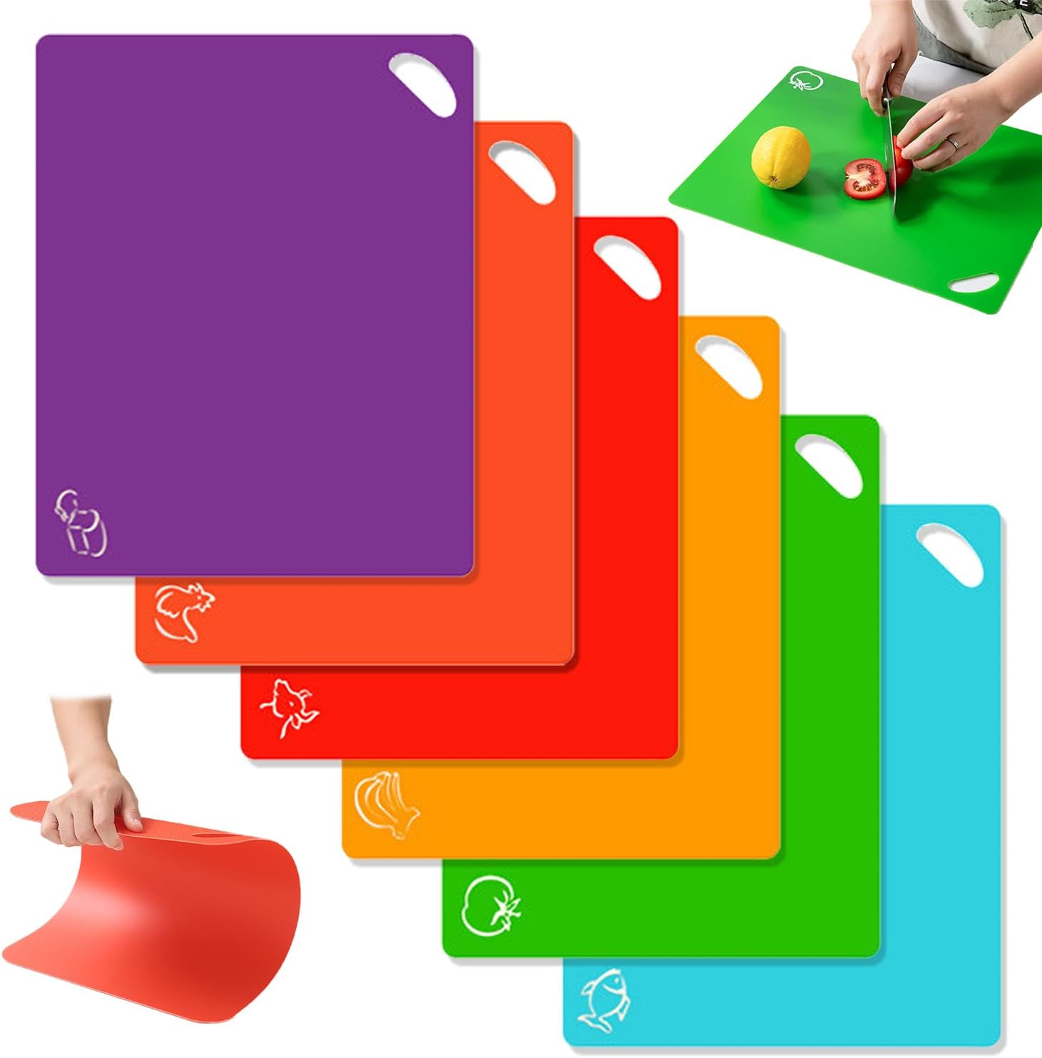 6Pc Cutting Board Set with Food Icons, Large 38X30Cm Plastic Easy-Grip Handles Chopping Mats, Color-Coded for Meat/Fish/Vegetables, Dishwasher Safe