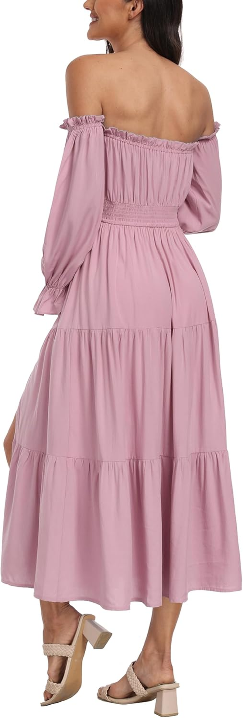 Women'S Boho off Shoulder Maternity Dresses, Long Sleeve Side Split Flowy a Line Tiered Maxi Dress for Baby Shower Photoshoot