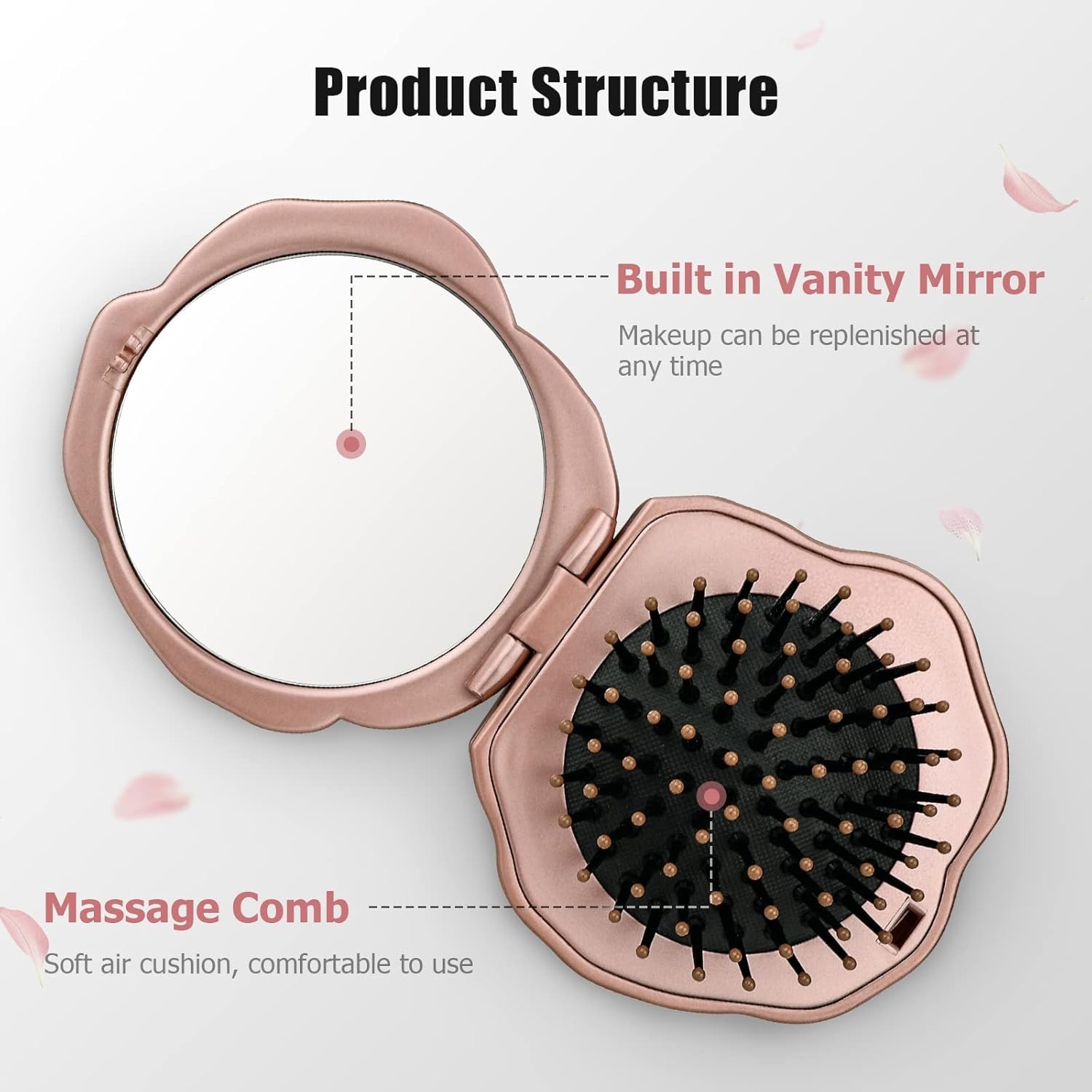 Travel Folding Hair Brush, Roses Mini Pocket Mirror Brush Easy to Carry for Small Spaces Nylon Brush/Comb/Hairbrush for Women Men'S Any Hairstyles Hair and Beards Wet Dry Hair Restore Shine image number 5