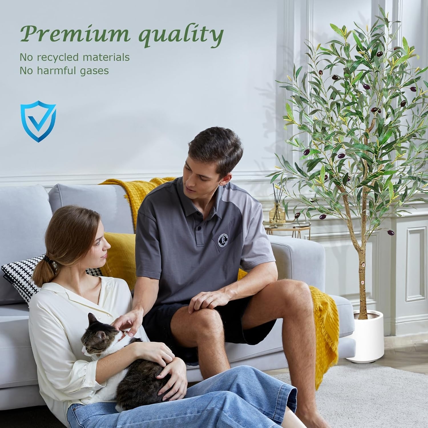 Lenamos Olive Trees Artificial Indoor, Tall Faux Olive Tree with White Tall Planter, Artificial Plants with Natural Wood Trunk and Lifelike Fruits for Home Office Decor (4.3Ft/130Cm)