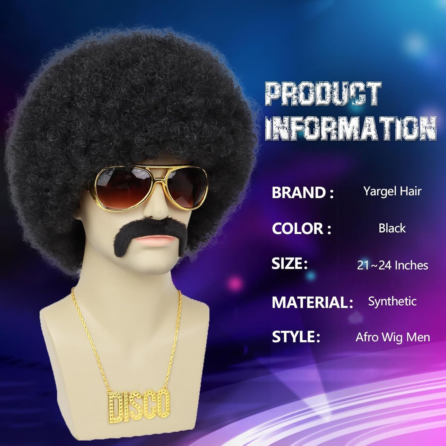 Mens Afro Wig Set for 70S Disco Party - 5Pcs (Glasses, Necklace, Mustache, Wig Cap) - Black image number 2