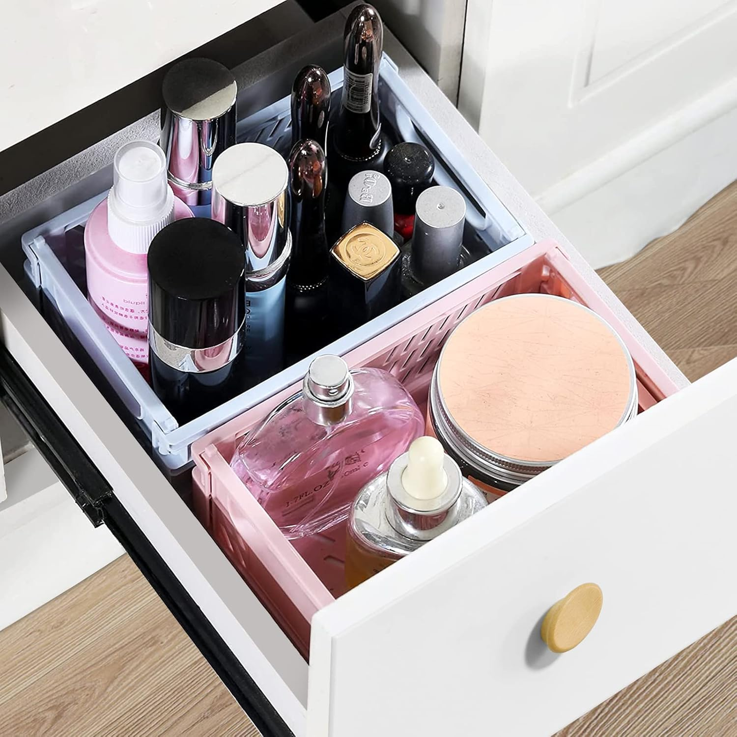 Weraher Plastic Storage Baskets for Desk Organizing, Office Drawer Organizer, 2 Medium+2 Small Durable Folding Storage Crate for Home Kitchen Classroom Office Bedroom and Bathroom Storage (Blue) - Blue image number 3