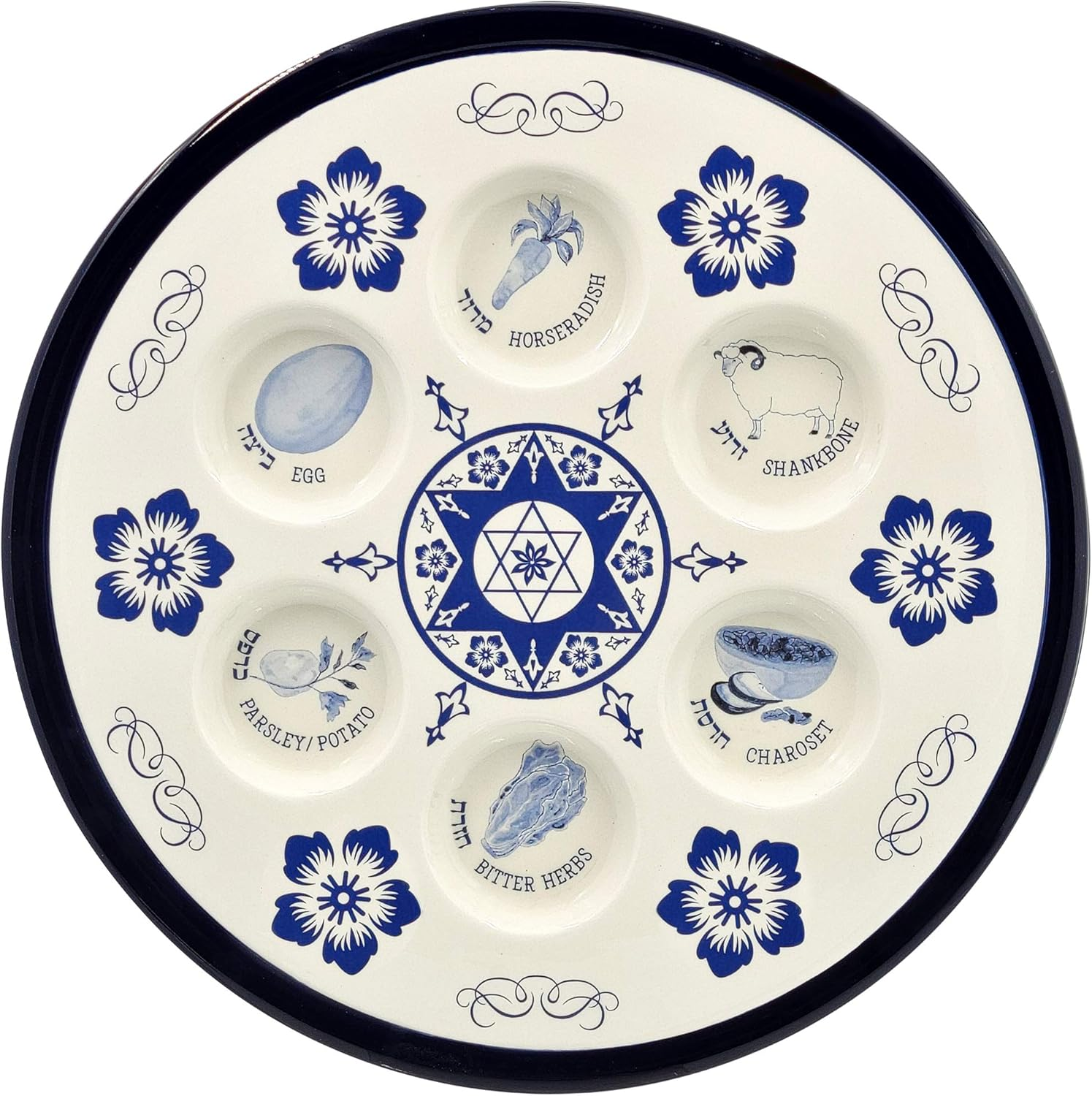 The Dreidel Company Lightweight Melamine Passover Seder Plate &ndash; Blue Floral Design - 35 Cm - Blue - Plastic