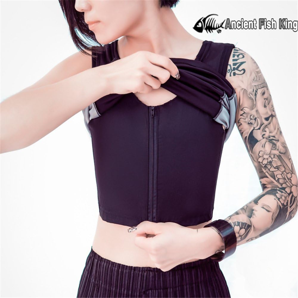 Baronhong Women Trans Lesbian Tomboy Zip up Chest Binder Quick-Drying Swimwear Vest Tank Top+Swimming Pants image number 3