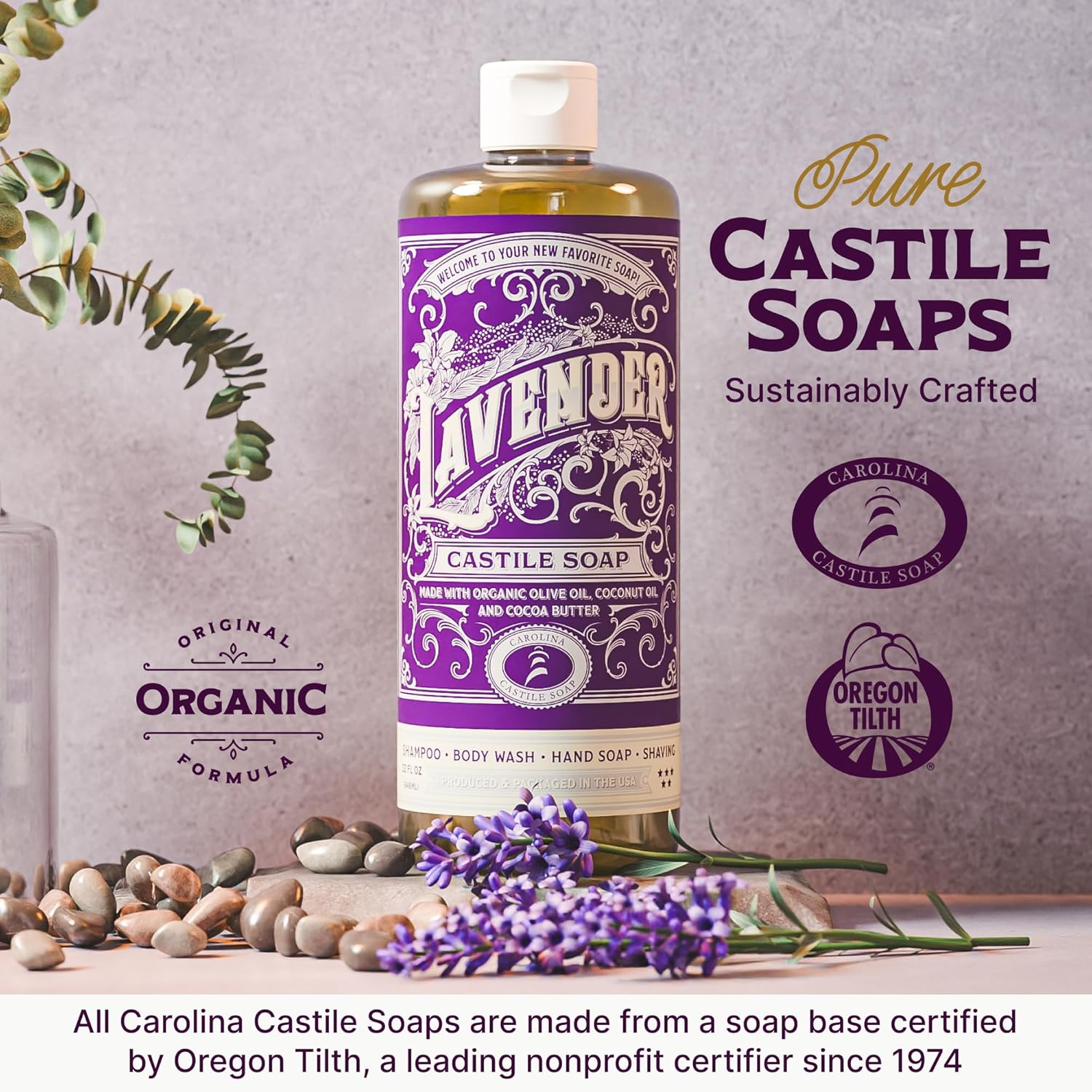 Carolina Lavender Castile Soap Liquid &ndash; 946 Ml - Skin-Softening Olive Oil Soap Organic Body Wash &ndash; Pure Castile Soap Lavender Liquid Soap &ndash; Vegan Castille Soap Liquid (Lavender, 32 Ounces)