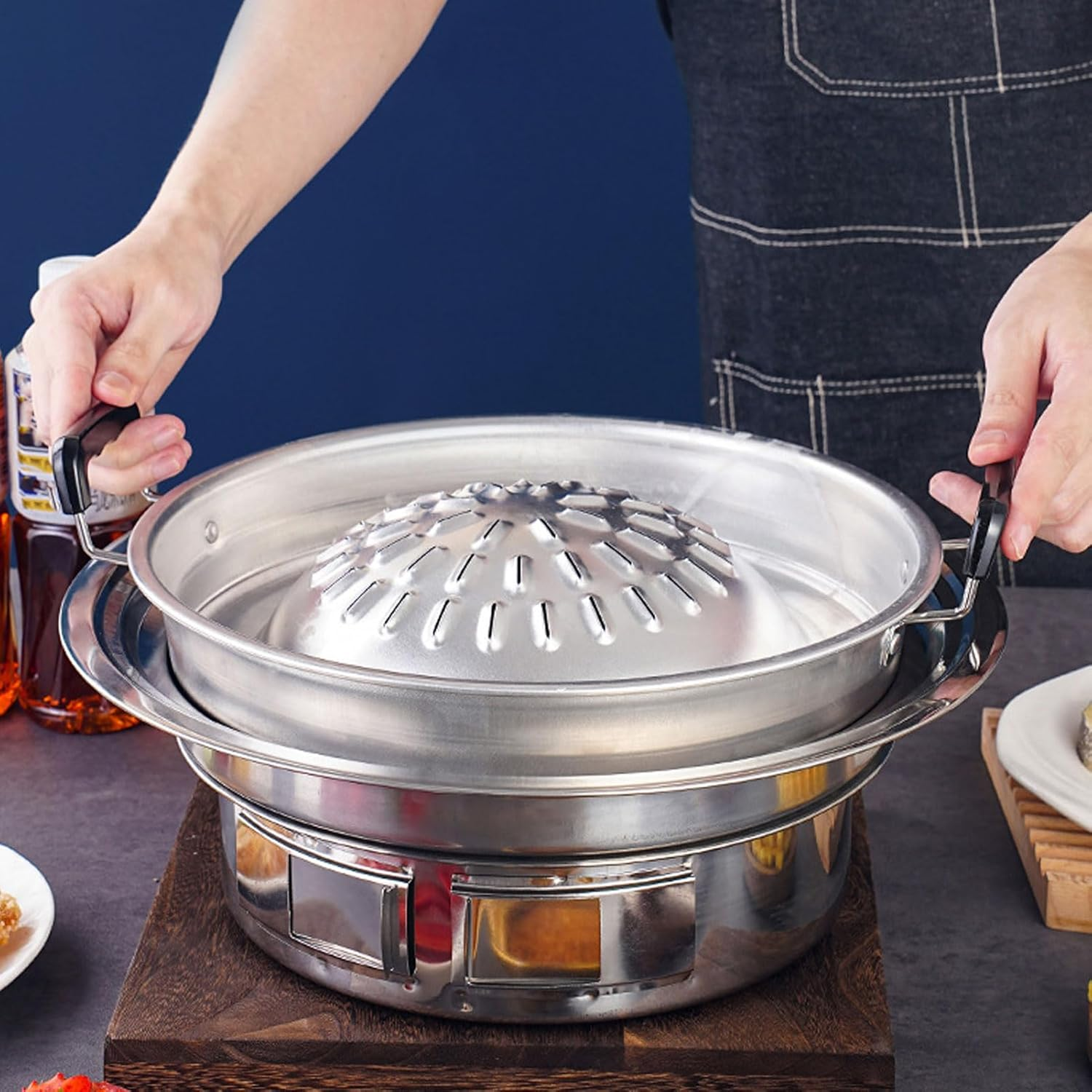 Thai Korean BBQ Grill Pan, 2 in 1 Aluminum Hot Pot Grill Charcoal Pan, Non Stick Thai Lao Korean BBQ Grill Topper, Barbecue Grill Plate for Shabu Vegetable Egg Pork (30Cm/11.81In Original Color) - 35Cm/13.78In Black image number 2