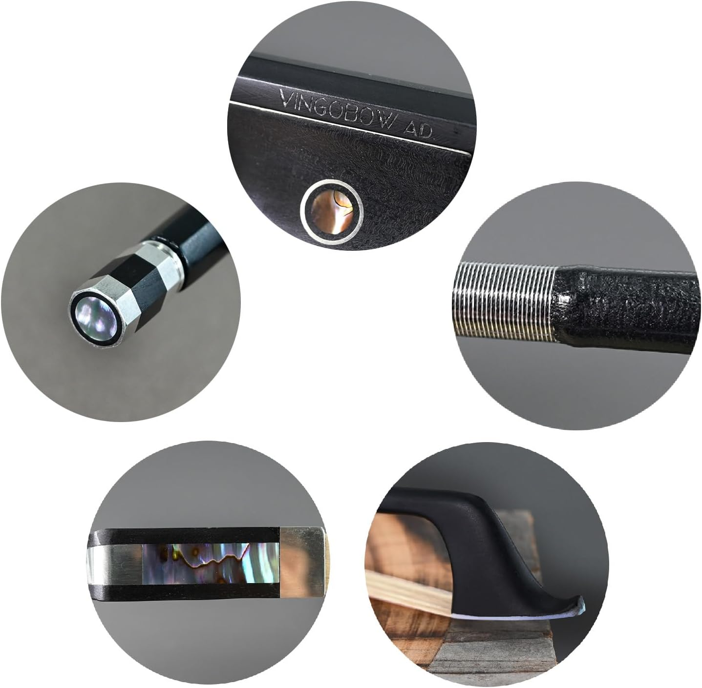 Carbon Fiber Cello Bow Half 1/2 Size VINGOBOW 100C 2/4 Advanced Level Parisian Eyes Ebony Frog Unbleached Mongolian Horse Hair Pernambuco Performance Powerful and Wild Tone image number 6